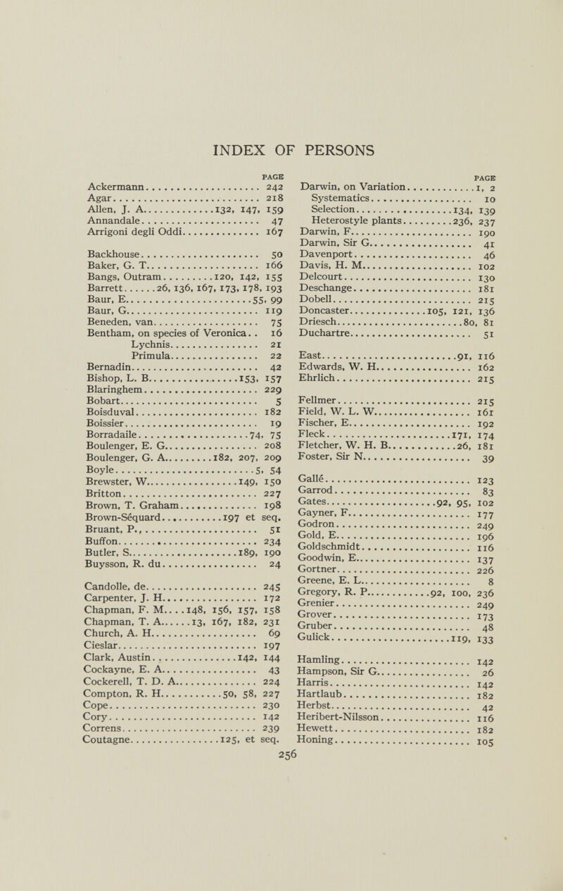 INDEX OF PERSONS PAGE Ackermann 242 Agar 218 Allen, J. A 132, 147. 159 Annandale 47 Arrigoni degli Oddi 167 Backhouse SO Baker, G. T 16Ó Bangs, Outram 120, 142, 155 Barrett 26,136, 167,173,178, 193 Baur, E 55. 99 Baur, G 119 Beneden, van 75 Bentham, on species of Veronica. . 16 Lychnis 21 Primula 22 Bernadin 42 Bishop, L. В  IS3. 157 Blaringhem 229 Bobart  5 Boisduval 182 Boissier 19 Borradaile  74> 75 Boulenger, E. G 208 Boulenger, G. A 182, 207, 209 Boyle 5. 54 Brewster, W I49. 150 Britton 227 Brown, T. Graham 198 Brown-Sequard 197 et seq. Bruant, P., 51 Buffon 234 Butler, S 189, 190 Buysson, R. du 24 Candolle, de 245 Carpenter, J. H 172 Chapman, F. M 148, 156, 157, 158 Chapman, T. A 13, 167, 182, 231 Church, A. H 69 Cieslar 197 Clark, Austin 142. I44 ^^ockayne, 43 Cockerell, T. D. A 224 Compton, R. H 50. 58. 227 Cope 230 Cory 142 Correns 239 Coutagne 125, et seq. 256 PAGE Darwin, on Variation i, 2 Systematics 10 Selection 134, 139 Heterostyle plants 236, 237 Darwin, F 190 Darwin, Sir G 41 Davenport 46 Davis, H. M 102 Delcourt 130 Deschange 181 Dobell 215 Doncaster 105, 121, 136 Driesch 80, 81 Duchartre 51 East 91, 116 Edwards, W. H 162 Ehrlich 215 Fellmer 215 Field, W. L, W 161 Fischer, E 192 Fleck 171, 174 Fletcher, W. H. В 26, i8i Foster, Sir N 39 Gallé 123 Garrod 83 Gates 92, 95, 102 Gayner, F 177 Godron 249 Gold, E 196 Goldschmidt 116 Goodwin, E 137 Gortner 226 Greene, E. L 8 Gregory, R. P 92, ICO, 236 Grenier 249 Grò ver 173 Gruber 48 Gulick 119, 133 Hamling 142 Hampson, Sir G 26 Harris 142 Hartlaub 182 Herbst 42 Heribert-Nilsson 116 Hewett 182 Honing IOS