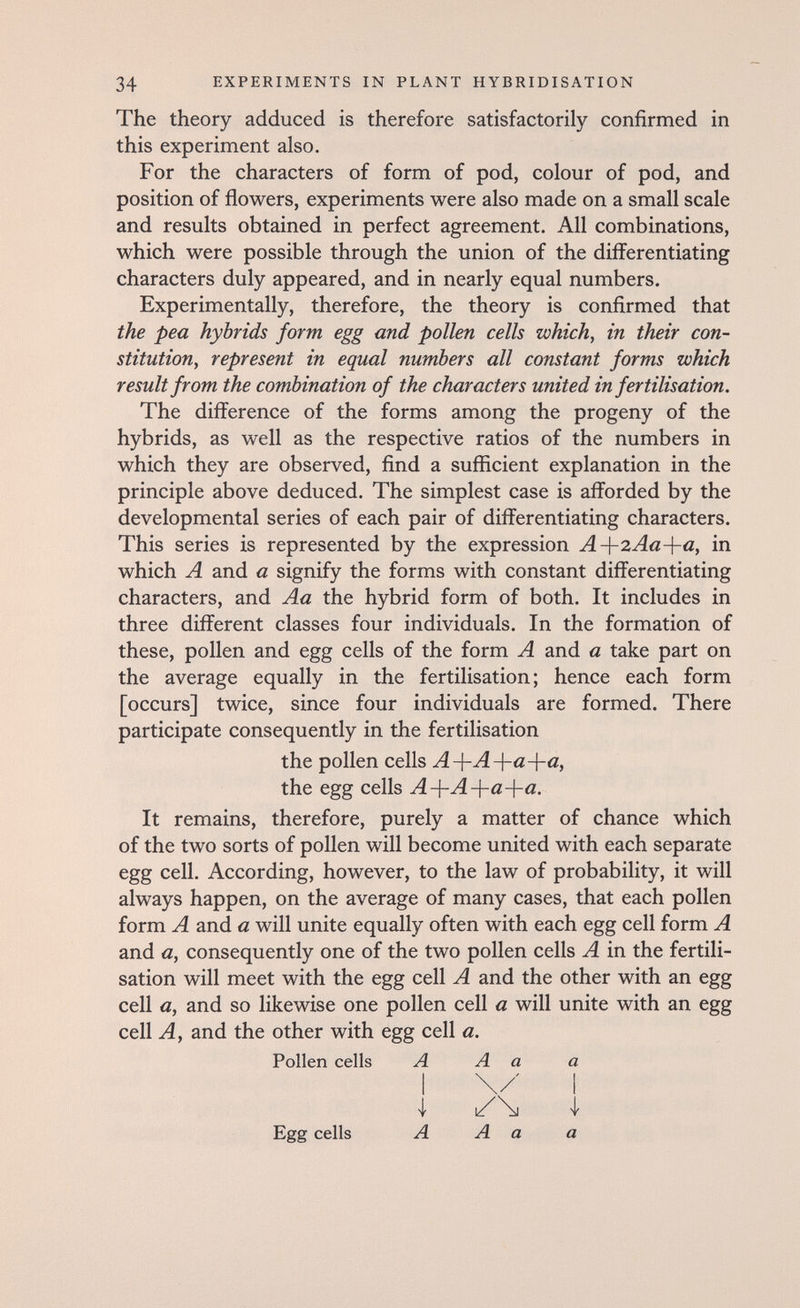 34 EXPERIMENTS IN PLANT HYBRIDISATION The theory adduced is therefore satisfactorily confirmed in this experiment also. For the characters of form of pod, colour of pod, and position of flowers, experiments were also made on a small scale and results obtained in perfect agreement. All combinations, which were possible through the union of the differentiating characters duly appeared, and in nearly equal numbers. Experimentally, therefore, the theory is confirmed that the pea hybrids form egg and pollen cells which, in their con¬ stitution, represent in equal numbers all constant forms which result from the combination of the characters united in fertilisation. The difference of the forms among the progeny of the hybrids, as well as the respective ratios of the numbers in which they are observed, find a sufficient explanation in the principle above deduced. The simplest case is afforded by the developmental series of each pair of differentiating characters. This series is represented by the expression A-¡-2Aa-¡-a, in which A and a signify the forms with constant differentiating characters, and Aa the hybrid form of both. It includes in three different classes four individuals. In the formation of these, pollen and egg cells of the form A and a take part on the average equally in the fertilisation; hence each form [occurs] twice, since four individuals are formed. There participate consequently in the fertilisation the pollen cells A-j-A-j-a-j-a, the egg cells A-j-A-^-a-j-a. It remains, therefore, purely a matter of chance which of the two sorts of pollen will become united with each separate egg cell. According, however, to the law of probability, it will always happen, on the average of many cases, that each pollen form A and a will unite equally often with each egg cell form A and a, consequently one of the two pollen cells A in the fertili¬ sation will meet with the egg cell A and the other with an egg cell a, and so likewise one pollen cell a will unite with an egg cell A, and the other with egg cell a. Pollen cells A A a a I v ' I 'I' Egg cells A A a a