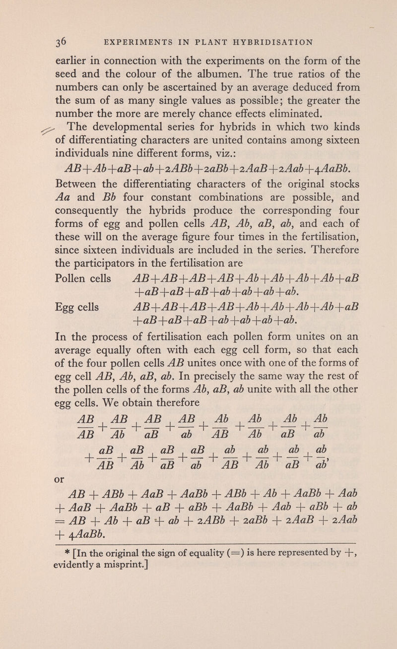 Зб EXPERIMENTS IN PLANT HYBRIDISATION earlier in connection with the experiments on the form of the seed and the colour of the albumen. The true ratios of the numbers can only be ascertained by an average deduced from the sum of as many single values as possible; the greater the number the more are merely chance effects eliminated. ^ The developmental series for hybrids in which two kinds of differentiating characters are united contains among sixteen individuals nine different forms, viz.: АВ-\-АЪ -\-аВ 4 аЬ-\-2АВЪ-{-2аВЬ -\-2AaB-\-2Aab -\-^AaBb. Between the differentiating characters of the original stocks Aa and Bb four constant combinations are possible, and consequently the hybrids produce the corresponding four forms of egg and pollen cells AB, Ab, аВ, ab, and each of these will on the average figure four times in the fertilisation, since sixteen individuals are included in the series. Therefore the participators in the fertilisation are Pollen cells AB-\-AB-\-AB-\-AB-\-Ab^Ab-\-Ab-\-Ab^aB -\-аВ -\-аВ -^аВ -^ab -{-ab -{-ab -\-ab. Egg cells AB-\-AB-{-AB'\-AB-{-Ab-{-Ab-\-Ab-{-Ab-{-aB -\-аВ -\-аВ -\-аВ -\-ab -\-ab -\-ab -\-ab. In the process of fertilisation each pollen form unites on an average equally often with each egg cell form, so that each of the four pollen cells AB unites once with one of the forms of egg cell AB, Ab, аВ, ab. In precisely the same way the rest of the pollen cells of the forms Ab, аВ, ab unite with all the other egg cells. We obtain therefore AB AB AB AB Ab Ab j_^b Ab AB Ab oB ab AB Ab аВ ab аВ аВ аВ аВ ab ab ûA cA AB Ab äB ab AB M ÖB ab' or AB + ABb + AaB + AaBb + ABb + Ab + AaBb + Aab + AaB + AaBb -\- аВ аВЬ + AaBb + Aab + aBb + ab = AB Ab + аВ 4- ab + 2ABb + 2aBb + 2AaB + 2Aab + \AaBb. * [In the original the sign of equality (=) is here represented by +, evidently a misprint.]