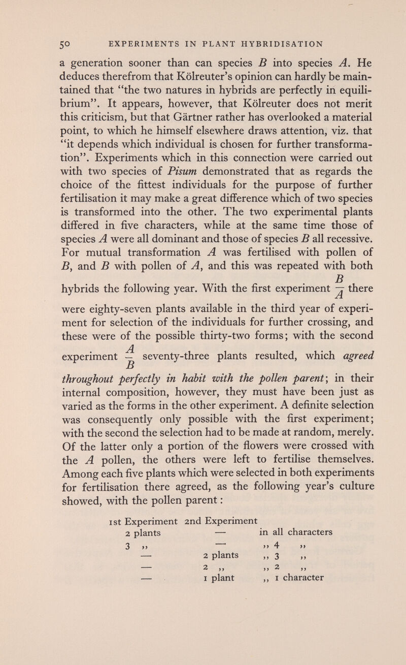 5° EXPERIMENTS IN PLANT HYBRIDISATION a generation sooner than can species В into species A. He deduces therefrom that Kölreuter's opinion can hardly be main¬ tained that the two natures in hybrids are perfectly in equili¬ brium. It appears, however, that Kölreuter does not merit this criticism, but that Gärtner rather has overlooked a material point, to which he himself elsewhere draws attention, viz. that it depends which individual is chosen for further transforma¬ tion. Experiments which in this connection were carried out with two species of Pisum demonstrated that as regards the choice of the fittest individuals for the purpose of further fertilisation it may make a great difference which of two species is transformed into the other. The two experimental plants differed in five characters, while at the same time those of species A were all dominant and those of species В all recessive. For mutual transformation A was fertilised with pollen of B, and В with pollen of A, and this was repeated with both В hybrids the following year. With the first experiment ^ there were eighty-seven plants available in the third year of experi¬ ment for selection of the individuals for further crossing, and these were of the possible thirty-two forms; with the second A experiment — seventy-three plants resulted, which agreed throughout perfectly in habit with the pollen parent', in their internal composition, however, they must have been just as varied as the forms in the other experiment. A definite selection was consequently only possible with the first experiment; with the second the selection had to be made at random, merely. Of the latter only a portion of the flowers were crossed with the A pollen, the others were left to fertilise themselves. Among each five plants which were selected in both experiments for fertilisation there agreed, as the following year's culture showed, with the pollen parent : ist Experiment 2nd Experiment 2 plants — in all characters 3 2 plants 2 ,, I plant ,, I character