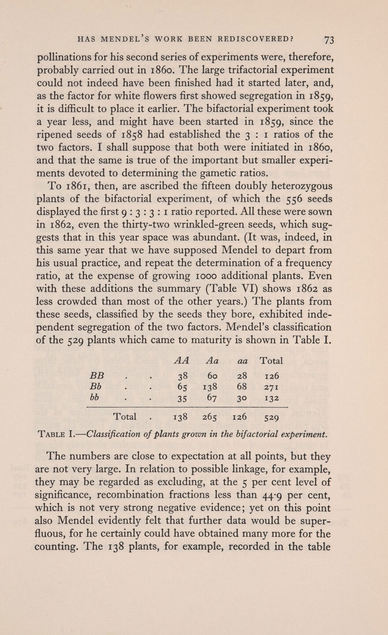 HAS Mendel's work been rediscovered? 73 pollinations for his second series of experiments were, therefore, probably carried out in i860. The large trifactorial experiment could not indeed have been finished had it started later, and, as the factor for white flowers first showed segregation in 1859, it is difficult to place it earlier. The bifactorial experiment took a year less, and might have been started in 1859, since the ripened seeds of 1858 had established the 3 : i ratios of the two factors. I shall suppose that both were initiated in i860, and that the same is true of the important but smaller experi¬ ments devoted to determining the gametic ratios. To 1861, then, are ascribed the fifteen doubly heterozygous plants of the bifactorial experiment, of which the 556 seeds displayed the first 9:3:3:1 ratio reported. All these were sown in 1862, even the thirty-two wrinkled-green seeds, which sug¬ gests that in this year space was abundant. (It was, indeed, in this same year that we have supposed Mendel to depart from his usual practice, and repeat the determination of a frequency ratio, at the expense of growing 1000 additional plants. Even with these additions the summary (Table VI) shows 1862 as less crowded than most of the other years.) The plants from these seeds, classified by the seeds they bore, exhibited inde¬ pendent segregation of the two factors. Mendel's classification of the 529 plants which came to maturity is shown in Table I. Table I.—Classification of plants grown in the bifactorial experiment. The numbers are close to expectation at all points, but they are not very large. In relation to possible linkage, for example, they may be regarded as excluding, at the 5 per cent level of significance, recombination fractions less than 44-9 per cent, which is not very strong negative evidence; yet on this point also Mendel evidently felt that further data would be super¬ fluous, for he certainly could have obtained many more for the counting. The 138 plants, for example, recorded in the table