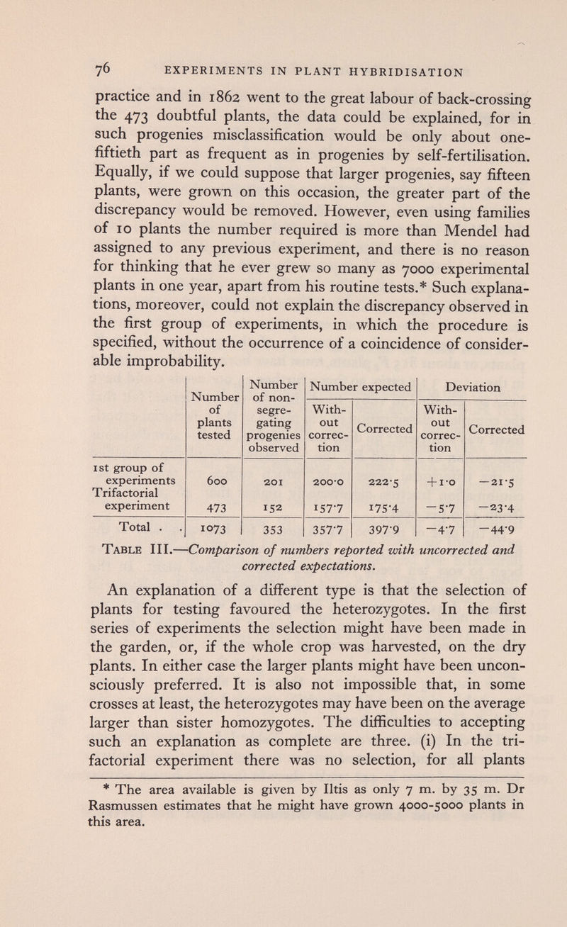 76 experiments in plant hybridisation practice and in 1862 went to the great labour of back-crossing the 473 doubtful plants, the data could be explained, for in such progenies misclassification would be only about one- fiftieth part as frequent as in progenies by self-fertilisation. Equally, if we could suppose that larger progenies, say fifteen plants, were grown on this occasion, the greater part of the discrepancy would be removed. However, even using families of 10 plants the number required is more than Mendel had assigned to any previous experiment, and there is no reason for thinking that he ever grew so many as 7000 experimental plants in one year, apart from his routine tests.* Such explana¬ tions, moreover, could not explain the discrepancy observed in the first group of experiments, in which the procedure is specified, without the occurrence of a coincidence of consider¬ able improbability. Table III.—Comparison of numbers reported vAth uncorrected and corrected expectations. An explanation of a different type is that the selection of plants for testing favoured the heterozygotes. In the first series of experiments the selection might have been made in the garden, or, if the whole crop was harvested, on the dry plants. In either case the larger plants might have been uncon¬ sciously preferred. It is also not impossible that, in some crosses at least, the heterozygotes may have been on the average larger than sister homozygotes. The difficulties to accepting such an explanation as complete are three, (i) In the tri- factorial experiment there was no selection, for all plants * The area available is given by litis as only 7 m. by 35 m. Dr Rasmussen estimates that he might have grown 4000-5000 plants in this area.