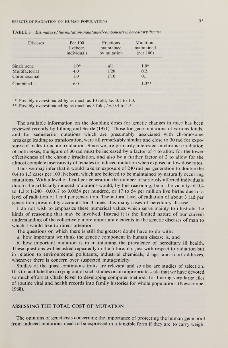 EFFECTS OF RADIATION ON HUMAN POPULATIONS 55 TABLE 3 Estimates of the mutation-maintained components in hereditary disease Diseases Per 100 liveborn individuals Fractions Mutation- maintained maintained by mutation (per 100) Single gene Multifactorial Chromosomal 1.0* 4.0 1.0 all 1/20 1/10 1.0* 0.2 0.1 Combined 6.0 J 2** * Possibly overestimated by as much as 10-fold, i.e. 0.1 to 1.0. ** Possibly overestimated by as much as 3-fold, i.e. 0.4 to 1.3. The available information on the doubling doses for genetic changes in mice has been reviewed recently by Lixning and Searle (1971). Those for gene mutations of various kinds, and for semisterile mutations which are presumably associated with chromosome breakage leading to translocation, were all remarkably similar and close to 30 rad for expo¬ sures of males to acute irradiation. Since we are primarily interested in chronic irradiation of both sexes, the figure of 30 rad must be increased by a factor of 4 to allow for the lower effectiveness of the chronic irradiation, and also by a further factor of 2 to allow for the almost complete insensitivity of females to induced mutation when exposed at low dose rates. Thus we may infer that it would take an exposure of 240 rad per generation to double the 0.4 to 1.3 cases per 100 liveborn, which are believed to be maintained by naturally occurring mutations. With a level of 1 rad per generation the number of seriously affected individuals due to the artificially induced mutations would, by this reasoning, be in the vicinity of 0.4 to 1.3 X 1/240=0.0017 to 0.0054 per hundred, or 17 to 54 per million live births due to a level of radiation of 1 rad per generation. The natural level of radiation of about 3 rad per generation presumably accounts for 3 times this many cases of hereditary disease. I do not wish to emphasize these numerical values which serve mainly to illustrate the kinds of reasoning that may be involved. Instead it is the limited nature of our current understanding of the collectively more important elements in the genetic diseases of man to which I would like to direct attention. The questions on which there is still the greatest doubt have to do with: a. how important we think the genetic component in human disease is, and b. how important mutation is in maintaining the prevalence of hereditary ill health. These questions will be asked repeatedly in the future, not just with respect to radiation but in relation to environmental pollutants, industrial chemicals, drugs, and food additives, whenever there is concern over suspected mutagenicity. Studies of the quasi continuous traits are relevant and so also are studies of selection. It is to facilitate the carrying out of such studies on an appropriate scale that we have devoted so much effort at Chalk River to developing computer methods for linking very large files of routine vital and health records into family histories for whole populations (Newcombe, 1968). ASSESSING THE TOTAL COST OF MUTATION The opinions of geneticists concerning the importance of protecting the human gene pool from induced mutations need to be expressed in a tangible form if they are to carry weight