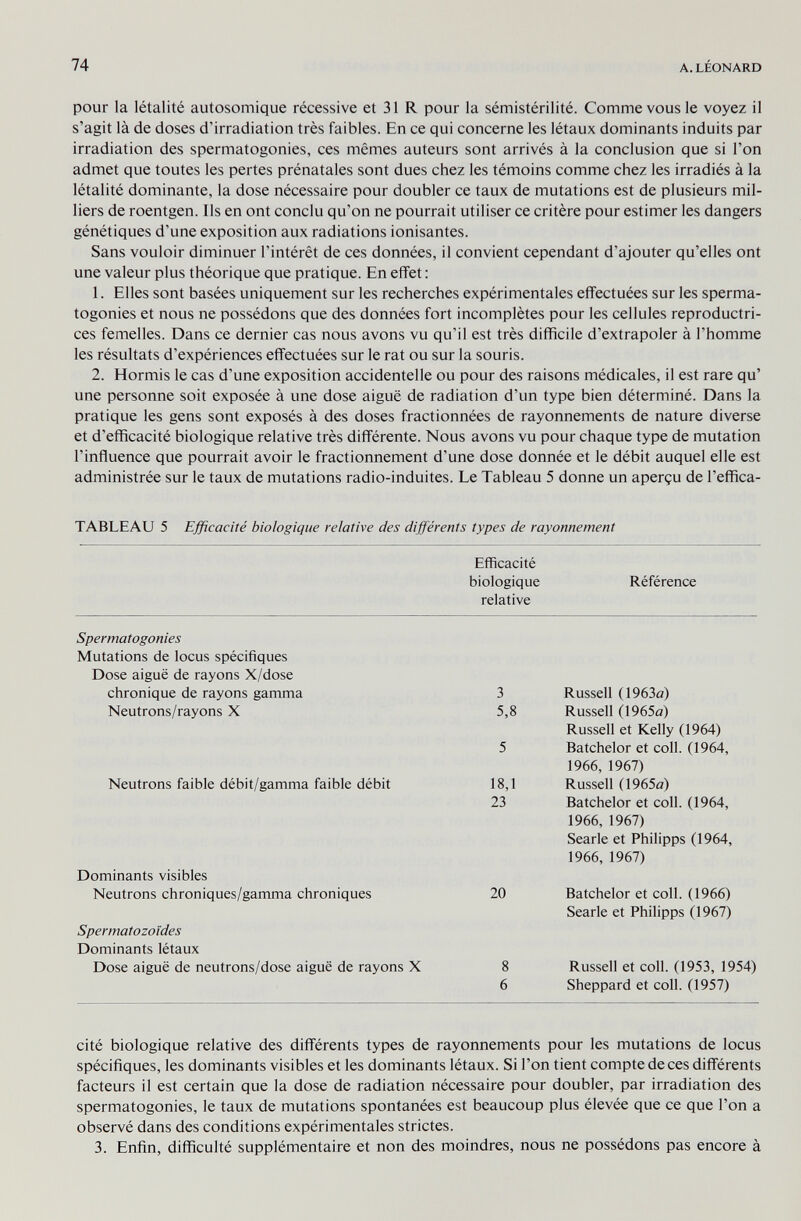 74 A. LÉONARD pour la létalité autosomique récessive et 31 R pour la sémistérilité. Comme vous le voyez il s'agit là de doses d'irradiation très faibles. En ce qui concerne les létaux dominants induits par irradiation des spermatogonies, ces mêmes auteurs sont arrivés à la conclusion que si l'on admet que toutes les pertes prénatales sont dues chez les témoins comme chez les irradiés à la létalité dominante, la dose nécessaire pour doubler ce taux de mutations est de plusieurs mil¬ liers de roentgen. Ils en ont conclu qu'on ne pourrait utiliser ce critère pour estimer les dangers génétiques d'une exposition aux radiations ionisantes. Sans vouloir diminuer l'intérêt de ces données, il convient cependant d'ajouter qu'elles ont une valeur plus théorique que pratique. En effet : 1. Elles sont basées uniquement sur les recherches expérimentales effectuées sur les sperma¬ togonies et nous ne possédons que des données fort incomplètes pour les cellules reproductri¬ ces femelles. Dans ce dernier cas nous avons vu qu'il est très difficile d'extrapoler à l'homme les résultats d'expériences effectuées sur le rat ou sur la souris. 2. Hormis le cas d'une exposition accidentelle ou pour des raisons médicales, il est rare qu' une personne soit exposée à une dose aiguë de radiation d'un type bien déterminé. Dans la pratique les gens sont exposés à des doses fractionnées de rayonnements de nature diverse et d'efficacité biologique relative très différente. Nous avons vu pour chaque type de mutation l'influence que pourrait avoir le fractionnement d'une dose donnée et le débit auquel elle est administrée sur le taux de mutations radio-induites. Le Tableau 5 donne un aperçu de l'efîica- TABLEAU 5 Efficacité biologique relative des différents types de rayonnement Efficacité biologique Référence relative Spermatogonies Mutations de locus spécifiques Dose aiguë de rayons X/dose chronique de rayons gamma Neutrons/rayons X Neutrons faible débit/gamma faible débit Dominants visibles Neutrons chroniques/gamma chroniques Spermatozoïdes Dominants létaux Dose aiguë de neutrons/dose aiguë de rayons X 3 Russell (1963й) 5,8 Russell (1965a) Russell et Kelly (1964) 5 Batchelor et coll. (1964, 1966, 1967) 18,1 Russell (1965ö) 23 Batchelor et coll. (1964, 1966, 1967) Searle et Philipps (1964, f966, 1967) 20 Batchelor et coll. (1966) Searle et Philipps (1967) Russell et coll. (1953, 1954) Sheppard et coll. (1957) cité biologique relative des différents types de rayonnements pour les mutations de locus spécifiques, les dominants visibles et les dominants létaux. Si l'on tient compte de ces différents facteurs il est certain que la dose de radiation nécessaire pour doubler, par irradiation des spermatogonies, le taux de mutations spontanées est beaucoup plus élevée que ce que l'on a observé dans des conditions expérimentales strictes. 3. Enfin, difficulté supplémentaire et non des moindres, nous ne possédons pas encore à