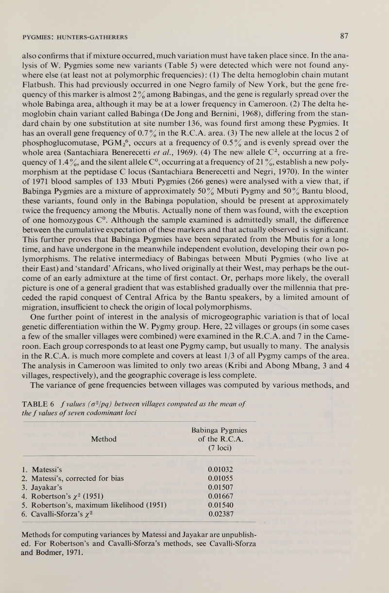 pygmies: hunters-gatherers 87 also confirms that if mixture occurred, much variation must have taken place since. In the ana¬ lysis of W. Pygmies some new variants (Table 5) were detected which were not found any¬ where else (at least not at polymorphic frequencies): (1) The delta hemoglobin chain mutant Flatbush. This had previously occurred in one Negro family of New York, but the gene fre¬ quency of this marker is almost 2% among Babingas, and the gene is regularly spread over the whole Babinga area, although it may be at a lower frequency in Cameroon. (2) The delta he¬ moglobin chain variant called Babinga (De Jong and Bernini, 1968), differing from the stan¬ dard chain by one substitution at site number 136, was found first among these Pygmies. It has an overall gene frequency of 0.7 % in the R.C.A. area. (3) The new allele at the locus 2 of phosphoglucomutase, PGM2®, occurs at a frequency of 0.5% and is evenly spread over the whole area (Santachiara Benerecetti et al., 1969). (4) The new allele C^, occurring at a fre¬ quency of 1.4 %, and the silent allele C°, occurring at a frequency of 21 %, establish a new poly¬ morphism at the peptidase С locus (Santachiara Benerecetti and Negri, 1970). In the winter of 1971 blood samples of 133 Mbuti Pygmies (266 genes) were analysed with a view that, if Babinga Pygmies are a mixture of approximately 50% Mbuti Pygmy and 50% Bantu blood, these variants, found only in the Babinga population, should be present at approximately twice the frequency among the Mbutis. Actually none of them was found, with the exception of one homozygous C°. Although the sample examined is admittedly small, the difference between the cumulative expectation of these markers and that actually observed is significant. This further proves that Babinga Pygmies have been separated from the Mbutis for a long time, and have undergone in the meanwhile independent evolution, developing their own po¬ lymorphisms. The relative intermediacy of Babingas between Mbuti Pygmies (who live at their East) and 'standard' Africans, who lived originally at their West, may perhaps be the out¬ come of an early admixture at the time of first contact. Or, perhaps more likely, the overall picture is one of a general gradient that was established gradually over the millennia that pre¬ ceded the rapid conquest of Central Africa by the Bantu speakers, by a limited amount of migration, insufficient to check the origin of local polymorphisms. One further point of interest in the analysis of microgeographic variation is that of local genetic diff'erentiation within the W. Pygmy group. Here, 22 villages or groups (in some cases a few of the smaller villages were combined) were examined in the R.C.A. and 7 in the Came¬ roon. Each group corresponds to at least one Pygmy camp, but usually to many. The analysis in the R.C.A. is much more complete and covers at least 1/3 of all Pygmy camps of the area. The analysis in Cameroon was limited to only two areas (Kribi and Abong Mbang, 3 and 4 villages, respectively), and the geographic coverage is less complete. The variance of gene frequencies between villages was computed by various methods, and TABLE 6 / values (a'^lpq) between villages computed as the mean of the f values of seven codominant loci Method Babinga Pygmies of the R.C.A. (7 loci) 1. Matessi's 2. Matessi's, corrected for bias 3. Jayakar's 4. Robertson's (1951) 5. Robertson's, maximum likelihood (1951) 6. Cavalli-Sforza's 0.01032 0.01055 0.01507 0.01667 0.01540 0.02387 Methods for computing variances by Matessi and Jayakar are unpublish¬ ed. For Robertson's and Cavalli-Sforza's methods, see Cavalli-Sforza and Bodmer, 1971.