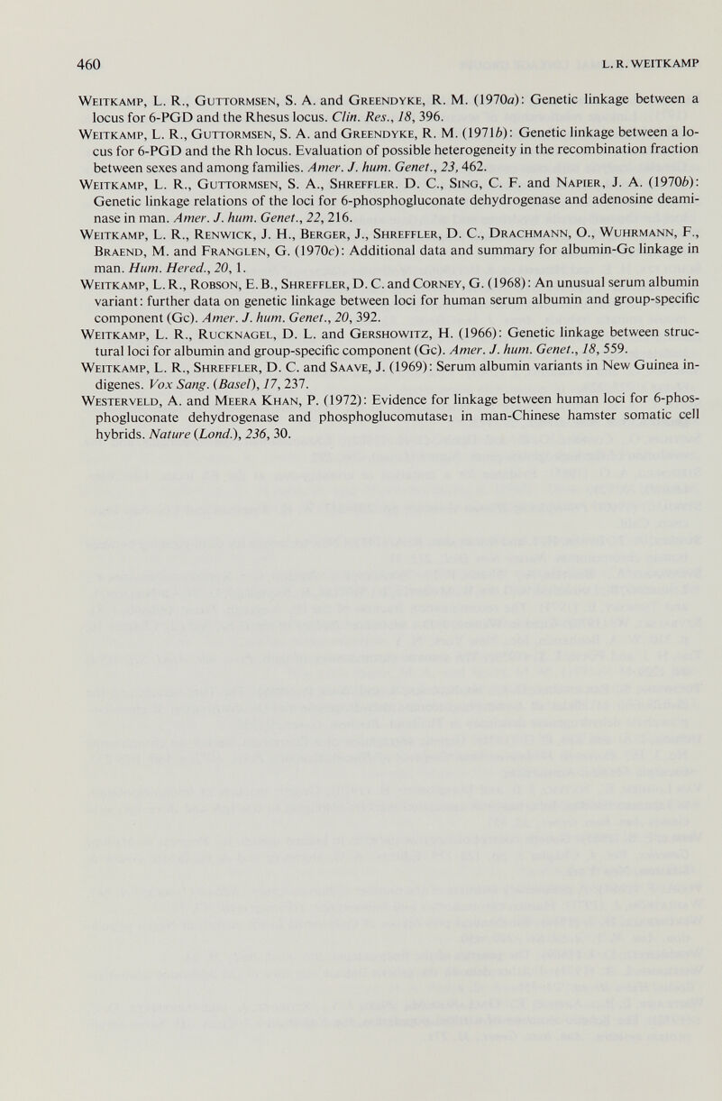 460 L. R. WEITKAMP Weitkamp, L. R., Guttormsen, S. A. and Greendyke, R. M. (1970a): Genetic linkage between a locus for 6-PGD and the Rhesus locus. Clin. Res., 18, 396. Weitkamp, L. R., Guttormsen, S. A. and Greendyke, R. M. (19716): Genetic linkage between a lo¬ cus for 6-PGD and the Rh locus. Evaluation of possible heterogeneity in the recombination fraction between sexes and among families. Amer. J. hum. Genet., 23,462. Weitkamp, L. R., Guttormsen, S. A., Shrefeler. D. C., Sing, C. F. and Napier, J. A. (19706): Genetic linkage relations of the loci for 6-phosphogluconate dehydrogenase and adenosine deami¬ nase in man. Amer. J. hum. Genet., 22, 216. Weitkamp, L. R., Renwick, J. H., Berger, J., Shreffler, D. C., Drachmann, О., Wuhrmann, F., Braend, m. and Franglen, G. (1970r): Additional data and summary for albumin-Gc linkage in man. Hum. Hered., 20, 1. Weitkamp, L.R., Robson, E.B., Shreffler, D. C. andCoRNEY, G. (1968): An unusual serum albumin variant: further data on genetic linkage between loci for human serum albumin and group-specific component (Gc). Amer. J. hum. Genet., 20, 392. Weitkamp, L. R., Rucknagel, D. L. and Gershowitz, H. (1966): Genetic linkage between struc¬ tural loci for albumin and group-specific component (Gc). Amer. J. hum. Genet., 18, 559. Weitkamp, L. R., Shreffler, D. C. and Saave, J. (1969): Serum albumin variants in New Guinea in¬ digenes. Vox Sang. {Basel), 17, 237. Westerveld, a. and Meera Khan, P. (1972): Evidence for linkage between human loci for 6-phos¬ phogluconate dehydrogenase and phosphoglucomutasei in man-Chinese hamster somatic cell hybrids. Nature (Land.), 236, 30.