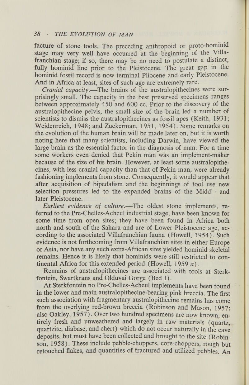 facture of stone tools. The preceding anthropoid or proto-hominid stage may very well have occurred at the beginning of the Villa- franchian stage; if so, there may be no need to postulate a distinct, fully hominid line prior to the Pleistocene. The great gap in the hominid fossil record is now terminal Pliocene and early Pleistocene. And in Africa at least, sites of such age are extremely rare. Cranial capacity .—The brains of the australopithecines were sur prisingly small. The capacity in the best preserved specimens ranges between approximately 450 and 600 cc. Prior to the discovery of the australopithecine pelvis, the small size of the brain led a number of scientists to dismiss the australopithecines as fossil apes (Keith, 1931; Weidenreich, 1948; and Zuckerman, 1951, 1954). Some remarks on the evolution of the human brain will be made later on, but it is worth noting here that many scientists, including Darwin, have viewed the large brain as the essential factor in the diagnosis of man. For a time some workers even denied that Pekin man was an implement-maker because of the size of his brain. However, at least some australopithe cines, with less cranial capacity than that of Pekin man, were already fashioning implements from stone. Consequently, it would appear that after acquisition of bipedalism and the beginnings of tool use new selection pressures led to the expanded brains of the Midd and later Pleistocene. Earliest evidence of culture .—The oldest stone implements, re ferred to the Pre-Chelles-Acheul industrial stage, have been known for some time from open sites; they have been found in Africa both north and south of the Sahara and are of Lower Pleistocene age, ac cording to the associated Villafranchian fauna (Howell, 1954). Such evidence is not forthcoming from Villafranchian sites in either Europe or Asia, nor have any such extra-African sites yielded hominid skeletal remains. Hence it is likely that hominids were still restricted to con tinental Africa for this extended period (Howell, 1959 a). Remains of australopithecines are associated with tools at Sterk- fontein, Swartkrans and Olduvai Gorge (Bed I). At Sterkfontein no Pre-Chelles-Acheul implements have been found in the lower and main australopithecine-bearing pink breccia. The first such association with fragmentary australopithecine remains has come from the overlying red-brown breccia (Robinson and Mason, 1957; also Oakley, 1957). Over two hundred specimens are now known, en tirely fresh and unweathered and largely in raw materials (quartz, quartzite, diabase, and chert) which do not occur naturally in the cave deposits, but must have been collected and brought to the site (Robin son, 1958). These include pebble-choppers, core-choppers, rough but retouched flakes, and quantities of fractured and utilized pebbles. An