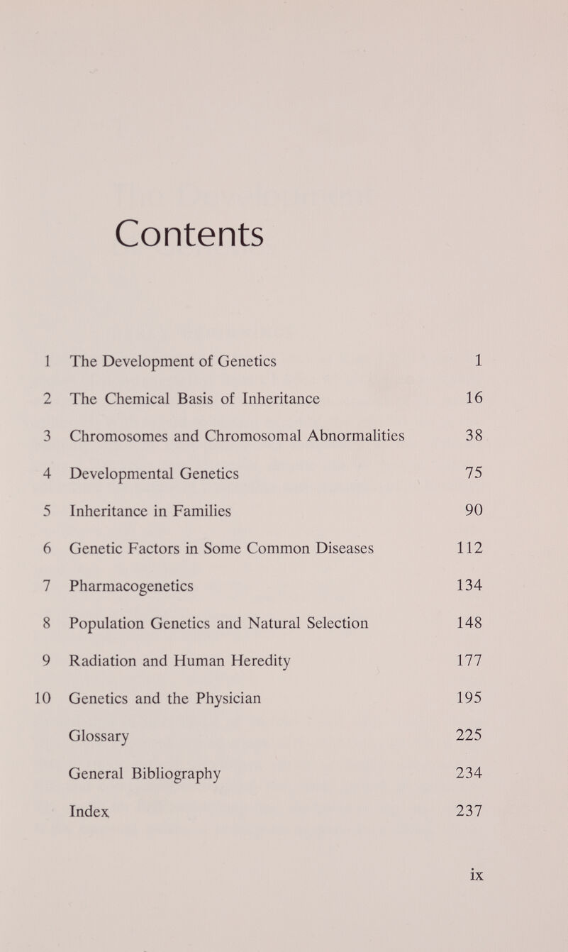 Contents 1 The Development of Genetics 1 2 The Chemical Basis of Inheritance 16 3 Chromosomes and Chromosomal Abnormalities 38 4 Developmental Genetics 75 5 Inheritance in Families 90 6 Genetic Factors in Some Common Diseases 112 7 Pharmacogenetics 134 8 Population Genetics and Natural Selection 148 9 Radiation and Human Heredity 177 10 Genetics and the Physician 195 Glossary 225 General Bibliography 234 Index 237 ix
