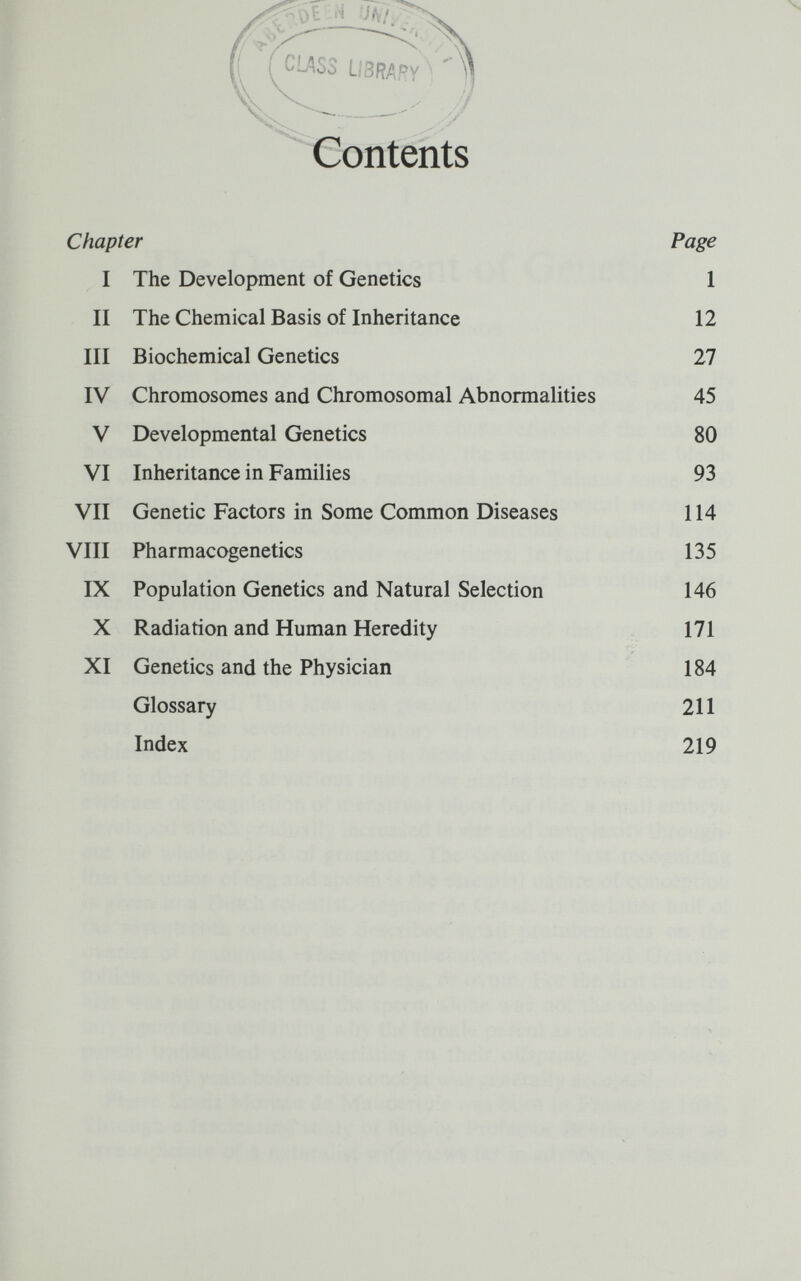 í( í CUS3 L('3RAPy -y ^Contents Chapter Page I The Development of Genetics 1 II The Chemical Basis of Inheritance 12 III Biochemical Genetics 27 IV Chromosomes and Chromosomal Abnormalities 45 V Developmental Genetics 80 VI Inheritance in Families 93 VII Genetic Factors in Some Common Diseases 114 VIII Pharmacogenetics 135 IX Population Genetics and Natural Selection 146 X Radiation and Human Heredity 171 XI Genetics and the Physician 184 Glossary 211 Index 219