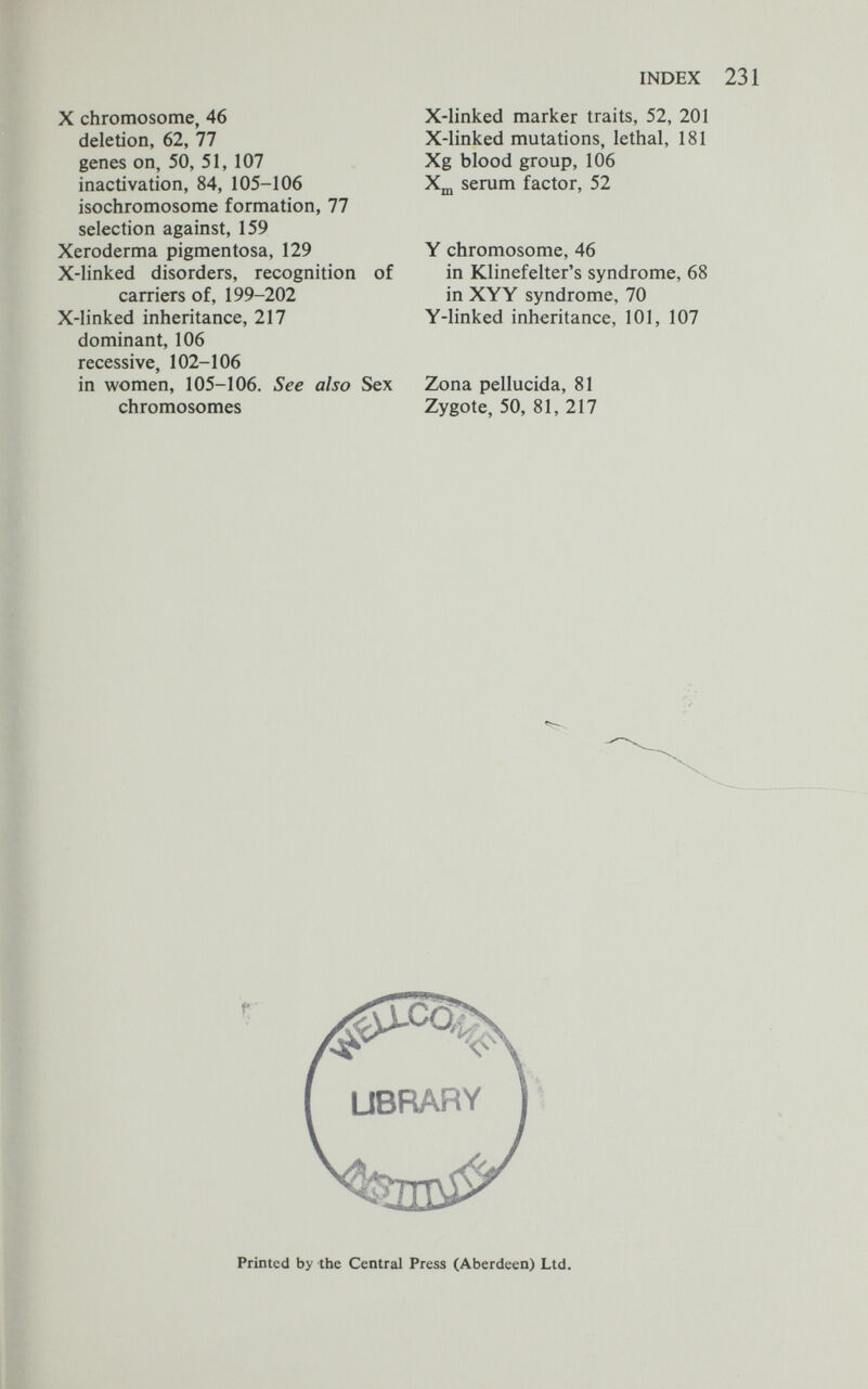 INDEX X chromosome, 46 deletion, 62, 77 genes on, 50, 51, 107 inactivation, 84, 105-106 isochromosome formation, 77 selection against, 159 Xeroderma pigmentosa, 129 X-linked disorders, recognition of carriers of, 199-202 X-linked inheritance, 217 dominant, 106 recessive, 102-106 in women, 105-106. See also Sex chromosomes X-Iinked marker traits, 52, 201 X-linked mutations, lethal, 181 Xg blood group, 106 Хщ serum factor, 52 Y chromosome, 46 in Klinefelter's syndrome, 68 in XYY syndrome, 70 Y-Iinked inheritance, 101, 107 Zona pellucida, 81 Zygote, 50, 81, 217 Printed by the Central Press (Aberdeen) Ltd.