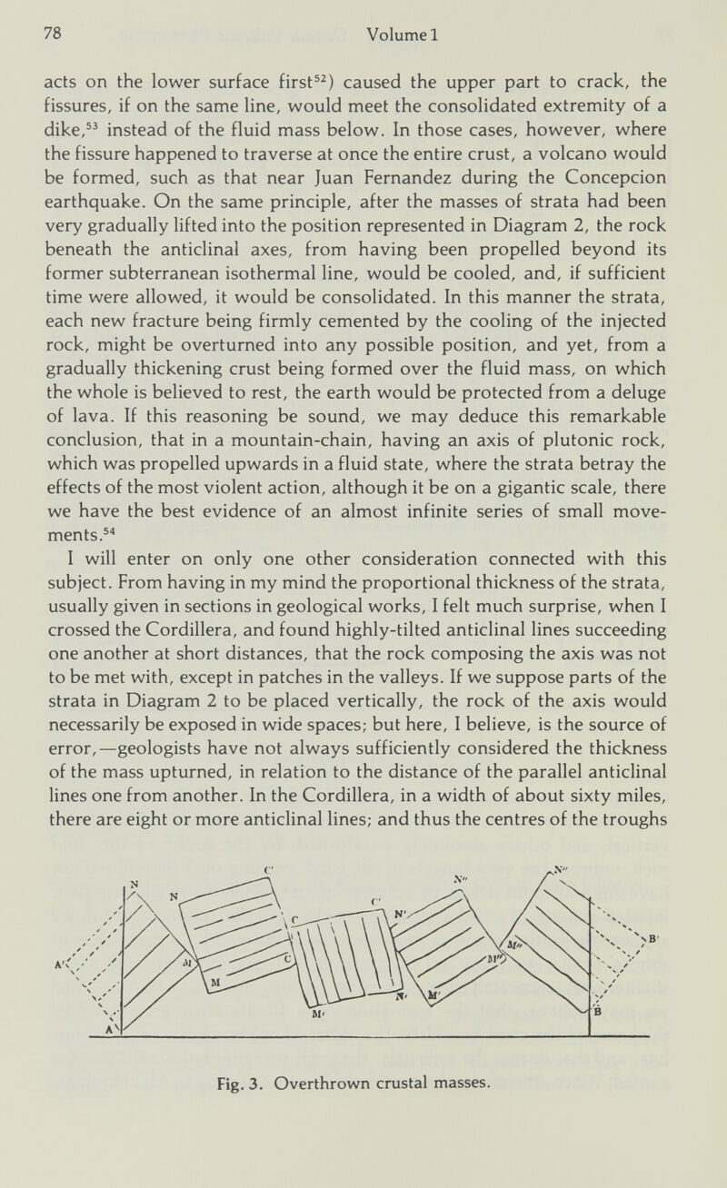 acts on the lower surface first 52 ) caused the upper part to crack, the fissures, if on the same line, would meet the consolidated extremity of a dike, 53 instead of the fluid mass below. In those cases, however, where the fissure happened to traverse at once the entire crust, a volcano would be formed, such as that near Juan Fernandez during the Concepcion earthquake. On the same principle, after the masses of strata had been very gradually lifted into the position represented in Diagram 2, the rock beneath the anticlinal axes, from having been propelled beyond its former subterranean isothermal line, would be cooled, and, if sufficient time were allowed, it would be consolidated. In this manner the strata, each new fracture being firmly cemented by the cooling of the injected rock, might be overturned into any possible position, and yet, from a gradually thickening crust being formed over the fluid mass, on which the whole is believed to rest, the earth would be protected from a deluge of lava. If this reasoning be sound, we may deduce this remarkable conclusion, that in a mountain-chain, having an axis of plutonic rock, which was propelled upwards in a fluid state, where the strata betray the effects of the most violent action, although it be on a gigantic scale, there we have the best evidence of an almost infinite series of small move ments. 54 I will enter on only one other consideration connected with this subject. From having in my mind the proportional thickness of the strata, usually given in sections in geological works, I felt much surprise, when I crossed the Cordillera, and found highly-tilted anticlinal lines succeeding one another at short distances, that the rock composing the axis was not to be met with, except in patches in the valleys. If we suppose parts of the strata in Diagram 2 to be placed vertically, the rock of the axis would necessarily be exposed in wide spaces; but here, I believe, is the source of error,—geologists have not always sufficiently considered the thickness of the mass upturned, in relation to the distance of the parallel anticlinal lines one from another. In the Cordillera, in a width of about sixty miles, there are eight or more anticlinal lines; and thus the centres of the troughs Fig. 3. Overthrown crustal masses.