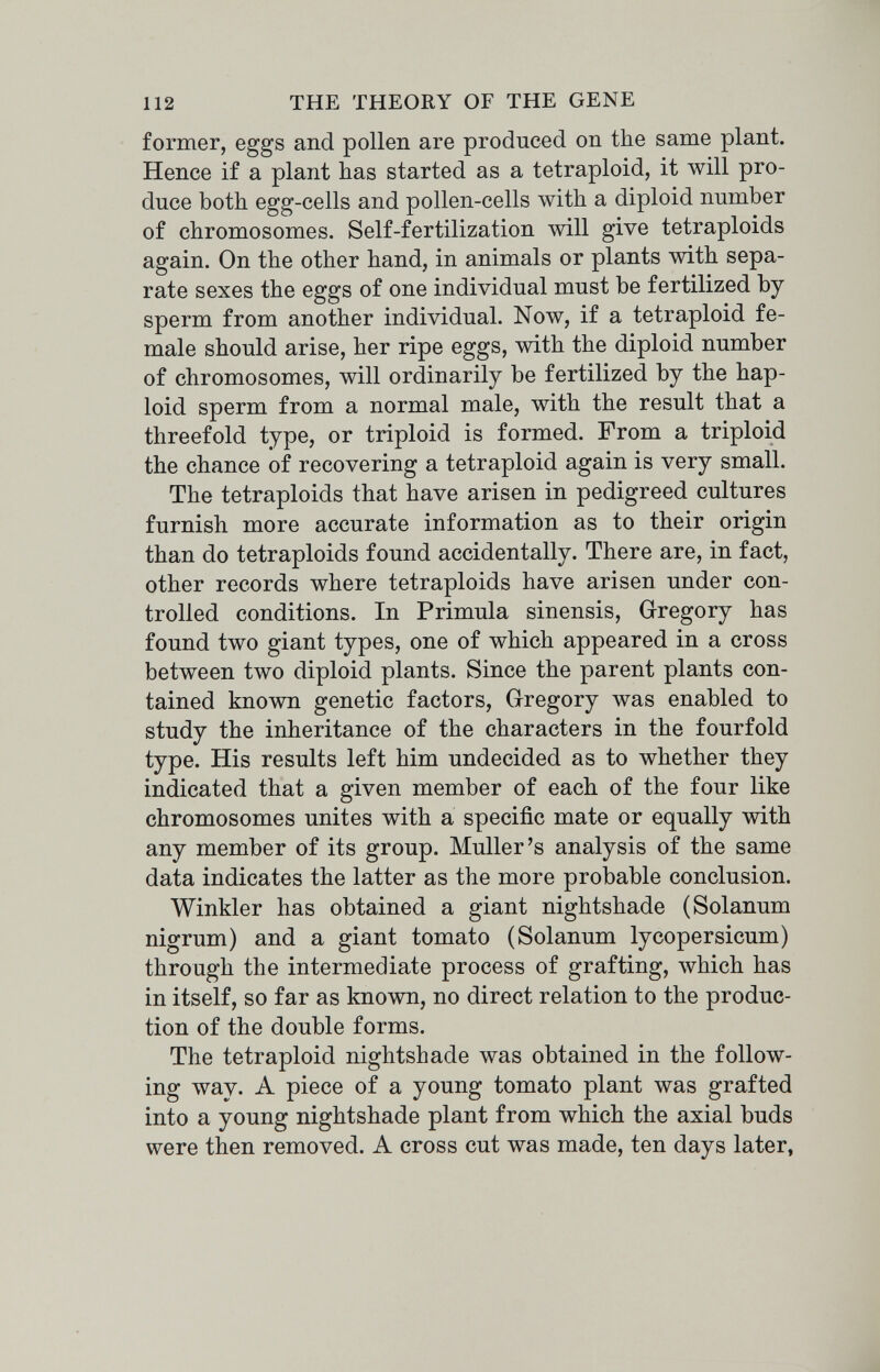 112 THE THEORY OF THE GENE former, eggs and pollen are produced on the same plant. Hence if a plant ¿as started as a tetraploid, it will pro¬ duce both egg-cells and pollen-cells with a diploid number of chromosomes. Self-fertilization will give tetraploids again. On the other hand, in animals or plants with sepa¬ rate sexes the eggs of one individual must be fertilized by sperm from another individual. Now, if a tetraploid fe¬ male should arise, her ripe eggs, with the diploid number of chromosomes, will ordinarily be fertilized by the hap¬ loid sperm from a normal male, with the result that a threefold type, or triploid is formed. From a triploid the chance of recovering a tetraploid again is very small. The tetraploids that have arisen in pedigreed cultures furnish more accurate information as to their origin than do tetraploids found accidentally. There are, in fact, other records where tetraploids have arisen under con¬ trolled conditions. In Primula sinensis, Gregory has found two giant types, one of which appeared in a cross between two diploid plants. Since the parent plants con¬ tained known genetic factors, Gregory Avas enabled to study the inheritance of the characters in the fourfold type. His results left him undecided as to whether they indicated that a given member of each of the four like chromosomes unites with a specific mate or equally with any member of its group. Muller's analysis of the same data indicates the latter as the more probable conclusion. Winkler has obtained a giant nightshade (Solanum nigrum) and a giant tomato (Solanum lycopersicum) through the intermediate process of grafting, which has in itself, so far as known, no direct relation to the produc¬ tion of the double forms. The tetraploid nightshade was obtained in the follow¬ ing way. A piece of a young tomato plant was grafted into a young nightshade plant from which the axial buds were then removed. A cross cut was made, ten days later,