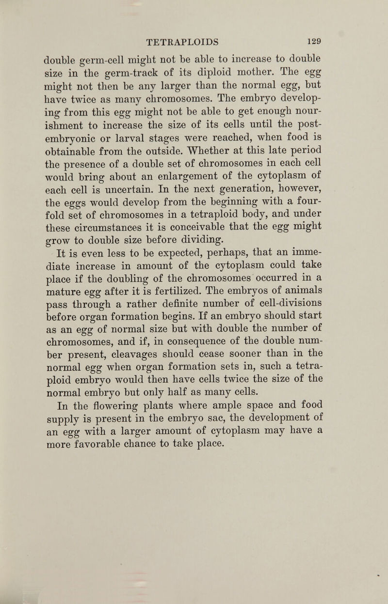 TETRAPLOIDS 129 double germ-cell might not be able to increase to double size in the germ-track of its diploid mother. The egg might not then be any larger than the normal egg, but have twice as many chromosomes. The embryo develop¬ ing from this egg might not be able to get enough nour¬ ishment to increase the size of its cells until the post- embryonic or larval stages were reached, when food is obtainable from the outside. Whether at this late period the presence of a double set of chromosomes in each cell would bring about an enlargement of the cytoplasm of each cell is uncertain. In the next generation, however, the eggs would develop from the beginning with a four¬ fold set of chromosomes in a tetraploid body, and under these circumstances it is conceivable that the egg might grow to double size before dividing. It is even less to be expected, perhaps, that an imme¬ diate increase in amount of the cytoplasm could take place if the doubling of the chromosomes occurred in a mature egg after it is fertilized. The embryos of animals pass through a rather definite number of cell-divisions before organ formation begins. If an embryo should start as an egg of normal size but with double the number of chromosomes, and if, in consequence of the double num¬ ber present, cleavages should cease sooner than in the normal egg when organ formation sets in, such a tetra¬ ploid embryo would then have cells twice the size of the normal embryo but only half as many cells. In the flowering plants where ample space and food supply is present in the embryo sac, the development of an egg with a larger amount of cytoplasm may have a more favorable chance to take place.