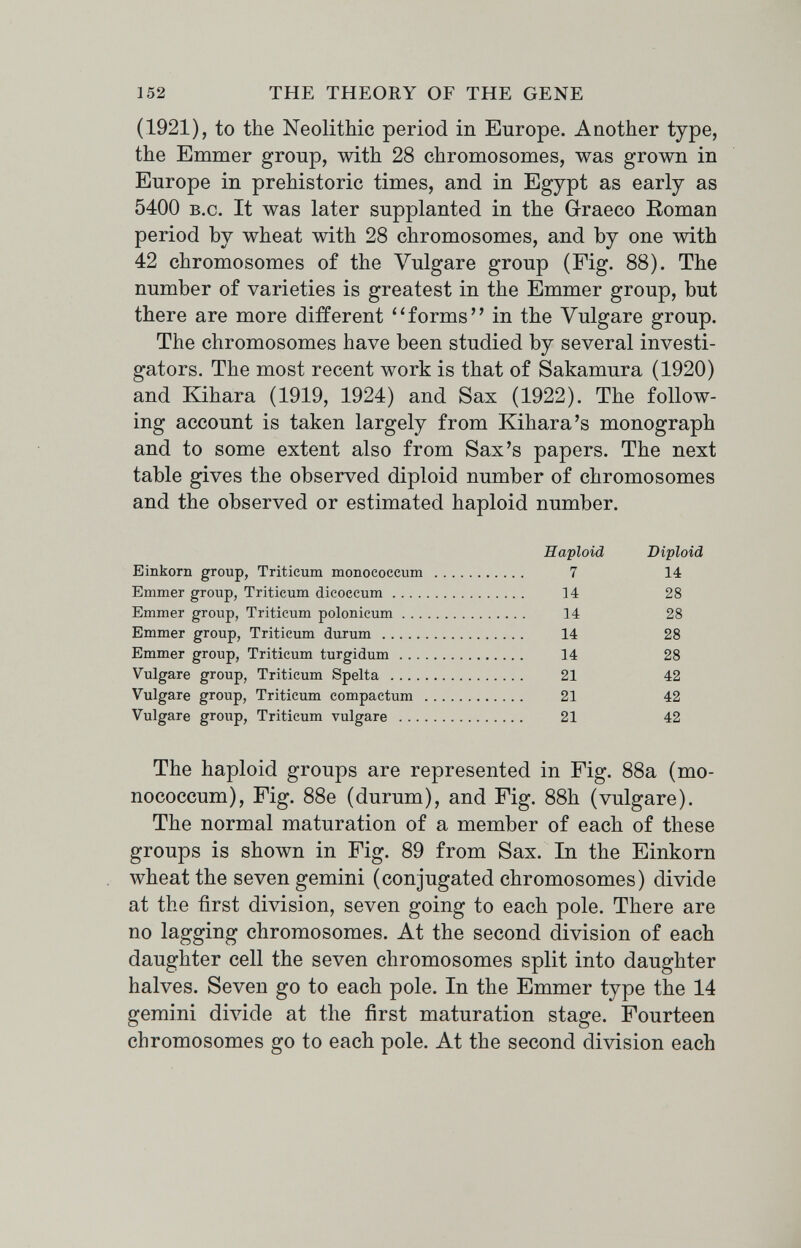 152 THE THEORY OF THE GENE (1921), to the Neolithic period in Europe. Another type, the Emmer group, with 28 chromosomes, was grown in Europe in prehistoric times, and in Egypt as early as 5400 B.c. It was later supplanted in the Grraeco Roman period by wheat with 28 chromosomes, and by one with 42 chromosomes of the \^ulgare group (Fig. 88). The number of varieties is greatest in the Emmer group, but there are more different forms in the Vulgare group. The chromosomes have been studied by several investi¬ gators. The most recent work is that of Sakamura (1920) and Eahara (1919, 1924) and Sax (1922). The follow¬ ing account is taken largely from Kihara's monograph and to some extent also from Sax's papers. The next table gives the observed diploid number of chromosomes and the observed or estimated haploid number. Haploid Diploid Einkorn group, Triticum monococcum  7 14 Emmer group, Triticum dicoceum 14 28 Emmer group, Triticum polonicum 14 28 Emmer group, Triticum durum  14 28 Emmer group, Triticum turgidum 14 28 Vulgare group, Triticum Spelta  21 42 Vulgare group, Triticum compactum  21 42 Vulgare group, Triticum vulgare  21 42 The haploid groups are represented in Fig. 88a (mo¬ nococcum), Fig. 88e (durum), and Fig. 88h (vulgare). The normal maturation of a member of each of these groups is shown in Fig. 89 from Sax. In the Einkom wheat the seven gemini (conjugated chromosomes) divide at the first division, seven going to each pole. There are no lagging chromosomes. At the second division of each daughter cell the seven chromosomes split into daughter halves. Seven go to each pole. In the Emmer type the 14 gemini divide at the first maturation stage. Fourteen chromosomes go to each pole. At the second division each