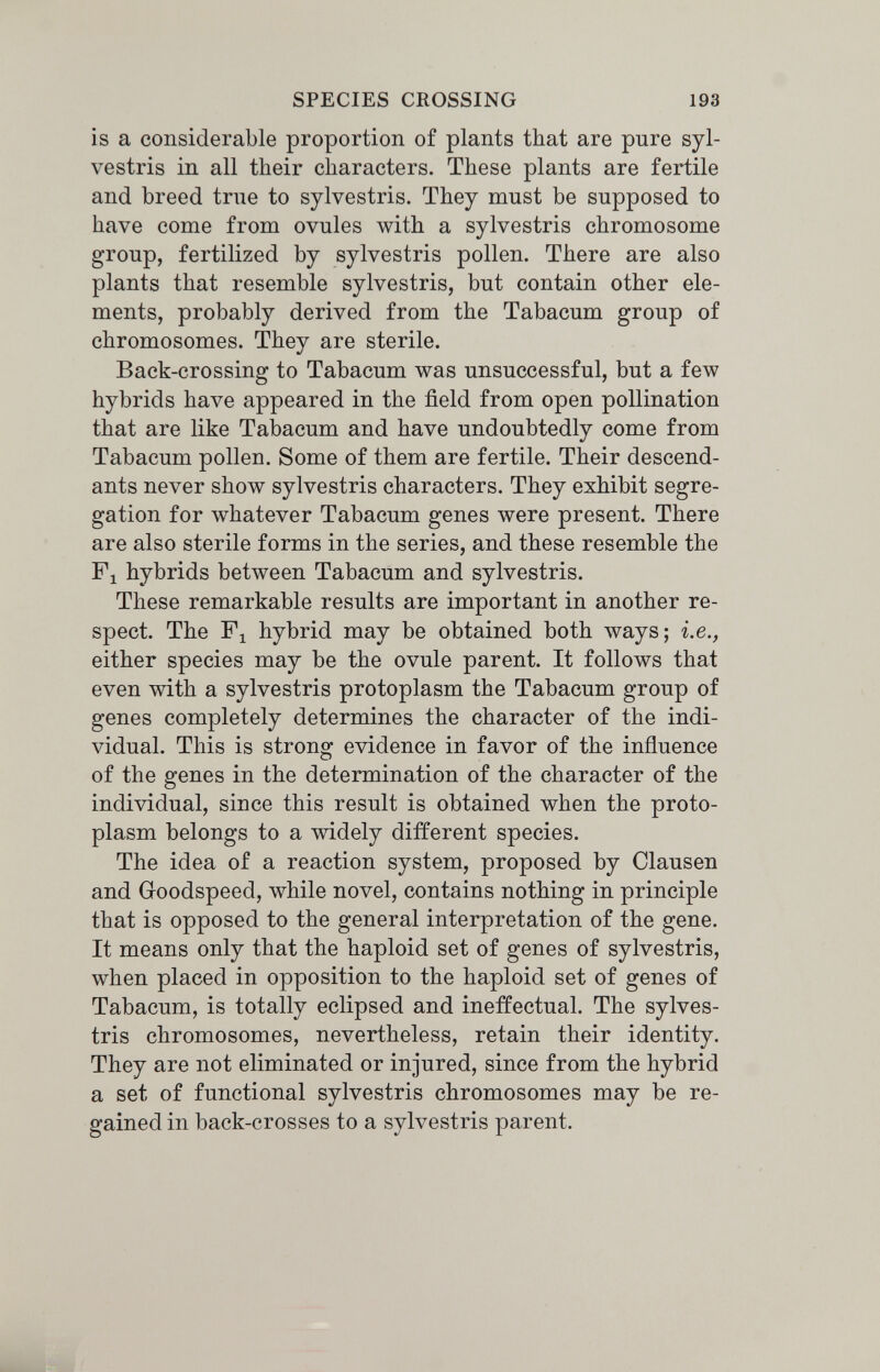SPECIES CROSSING 193 is a considerable proportion of plants that are pure syl¬ vestris in all their characters. These plants are fertile and breed true to sylvestris. They must be supposed to have come from ovules with a sylvestris chromosome group, fertilized by sylvestris pollen. There are also plants that resemble sylvestris, but contain other ele¬ ments, probably derived from the Tabacum group of chromosomes. They are sterile. Back-crossing to Tabacum was unsuccessful, but a few hybrids have appeared in the field from open pollination that are like Tabacum and have undoubtedly come from Tabacum pollen. Some of them are fertile. Their descend¬ ants never show sylvestris characters. They exhibit segre¬ gation for whatever Tabacum genes were present. There are also sterile forms in the series, and these resemble the Fl hybrids between Tabacum and sylvestris. These remarkable results are important in another re¬ spect. The Fl hybrid may be obtained both ways; i.e., either species may be the ovule parent. It follows that even with a sylvestris protoplasm the Tabacum group of genes completely determines the character of the indi¬ vidual. This is strong evidence in favor of the inñuence of the genes in the determination of the character of the individual, since this result is obtained when the proto¬ plasm belongs to a widely different species. The idea of a reaction system, proposed by Clausen and Goodspeed, while novel, contains nothing in principle that is opposed to the general interpretation of the gene. It means only that the haploid set of genes of sylvestris, when placed in opposition to the haploid set of genes of Tabacum, is totally eclipsed and ineffectual. The sylves¬ tris chromosomes, nevertheless, retain their identity. They are not eliminated or injured, since from the hybrid a set of functional sylvestris chromosomes may be re¬ gained in back-crosses to a sylvestris parent.
