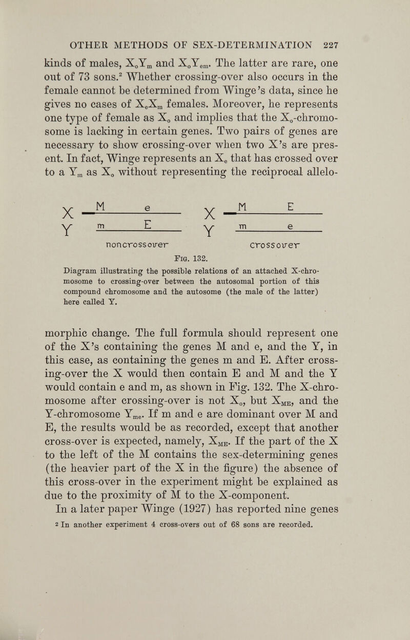 OTHER METHODS OF SEX-DETERMINATION 227 kinds of males, XoY^ and XoYem. The latter are rare, one out of 73 sons.^ AVhether crossing-over also occurs in the female cannot be determined from Winge's data, since he gives no cases of ХеХщ females. Moreover, he represents one type of female as X^, and implies that the X^-chromo- some is lacking in certain genes. Two pairs of genes are necessary to show crossing-over when two X's are pres¬ ent. In fact, Winge represents an Xe that has crossed over to a Y,n as Xo without representing the reciprocal alíelo- ^^— Y ^ Y — e noncrossoirer crossover Fig. 132. Diagram illustrating the possible relations of an attached X-chro- mosome to crossing-over between the autosomal portion of this compound chromosome and the autosome (the male of the latter) here called Y. morphic change. The full formula should represent one of the X's containing the genes M and e, and the Y, in this case, as containing the genes m and E. After cross¬ ing-over the X would then contain E and M and the Y would contain e and m, as shown in Pig. 132. The X-chro- mosome after crossing-over is not Xo, but Xme, and the Y-chromosome Y^^e. If m and e are dominant over M and E, the results would be as recorded, except that another cross-over is expected, namely, Xme- If the part of the X to the left of the M contains the sex-determining genes (the heavier part of the X in the figure) the absence of this cross-over in the experiment might be explained as due to the proximity of M to the X-component. In a later paper Winge (1927) has reported nine genes 2 In another experiment 4 cross-overs out of 68 sons are recorded.