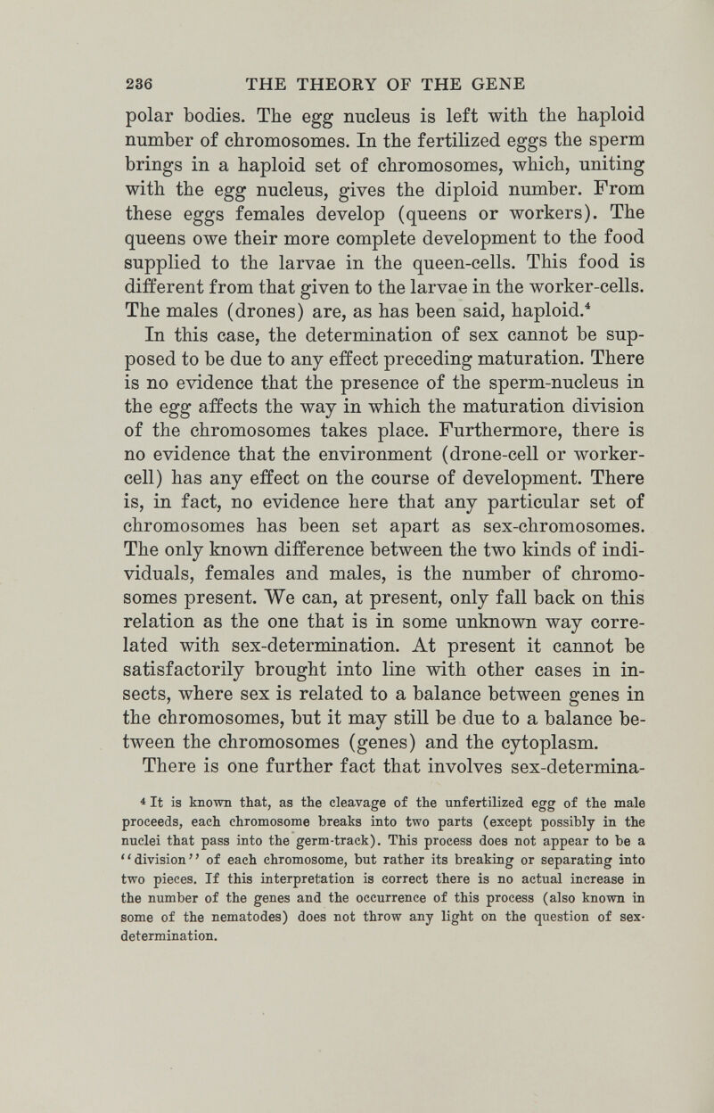 236 THE THEORY OF THE GENE polar bodies. The egg nucleus is left with the haploid number of chromosomes. In the fertilized eggs the sperm brings in a haploid set of chromosomes, which, uniting with the egg nucleus, gives the diploid number. From these eggs females develop (queens or workers). The queens owe their more complete development to the food supplied to the larvae in the queen-cells. This food is different from that given to the larvae in the worker-cells. The males (drones) are, as has been said, haploid.^ In this case, the determination of sex cannot be sup¬ posed to be due to any effect preceding maturation. There is no evidence that the presence of the sperm-nucleus in the egg affects the way in which the maturation division of the chromosomes takes place. Furthermore, there is no evidence that the environment (drone-cell or worker- cell) has any effect on the course of development. There is, in fact, no evidence here that any particular set of chromosomes has been set apart as sex-chromosomes. The only known difference between the two kinds of indi¬ viduals, females and males, is the number of chromo¬ somes present. We can, at present, only fall back on this relation as the one that is in some unknown way corre¬ lated with sex-determination. At present it cannot be satisfactorily brought into line with other cases in in¬ sects, where sex is related to a balance between genes in the chromosomes, but it may still be due to a balance be¬ tween the chromosomes (genes) and the cytoplasm. There is one further fact that involves sex-determina- 4 It is known that, as the cleavage of the unfertilized egg of the male proceeds, each chromosome breaks into two parts (except possibly in the nuclei that pass into the germ-track). This process does not appear to be a division of each chromosome, but rather its breaking or separating into two pieces. If this interpretation is correct there is no actual increase in the number of the genes and the occurrence of this process (also known in some of the nematodes) does not throw any light on the question of sex- determination.