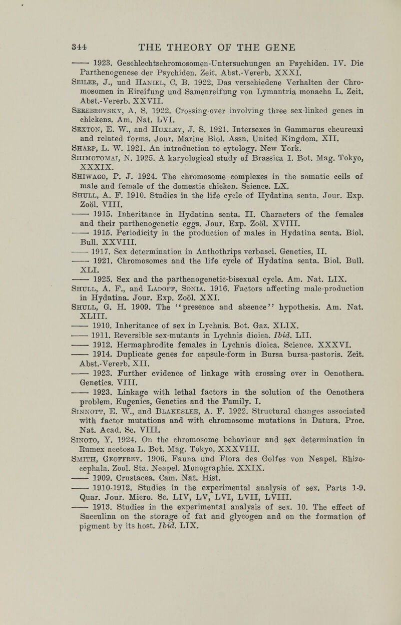 3éé THE THEORY OF THE GENE  1923. Geschlechtscbiromosomen-Uiitersuchungen an Psychiden. IV. Die Parthenogenese der Psychiden. Zeit. Abst.-Vererb. XXXI. Seiler, J., und Haniel, С. В. 1922. Das verschiedene Verhalten der Chro¬ mosomen in Eireifung und Samenreifung von Lymantria monacha L. Zeit. Abst.-Vererb. XXVII. Sekebrovsky, A. S. 1922. Crossing-over involving three sex-linked genes in chickens. Am. Nat. LVI. Sexton, E. W., and Huxley, J. S. 1921. Intersexes in Gammarus cheureuxi and related forms. Jour. Marine Biol. Assn. United Kingdom. XII. Sharp, L. W. 1921. An introduction to cytology. New York. Shimotomai, N. 1925. A karyological study of Brassica I. Bot. Mag. Tokyo, XXXIX. Shiwago, p. J. 1924. The chromosome complexes in the somatic cells of male and female of the domestic chicken. Science. LX. Shull, a. F. 1910. Studies in the life cycle of Hydatina senta. Jour. Exp, Zoöl. VIII.  1915. Inheritance in Hydatina senta. II. Characters of the females and their parthenogenetic eggs. Jour. Exp. Zoöl. XVIII.  1915. Periodicity in the production of males in Hydatina senta. Biol. Bull. XXVIII. 1917. Sex determination in Anthothrips verbasci. Genetics, II.  1921. Chromosomes and the life cycle of Hydatina senta. Biol. Bull. XLI.  1925. Sex and the parthenogenetic-bisexual cycle. Am. Nat. LIX. Shull, A. F., and Ladoff, Sonia. 1916. Factors affecting male-production in Hydatina. Jour. Exp. Zoöl. XXI. Shull, G. H. 1909. The presence and absence hypothesis. Am. Nat. XLIII.  1910. Inheritance of sex in Lychnis. Bot. Gaz. XLIX. • 1911. Eeversible sex-mutants in Lychnis dioica. Ibid. LII.  1912. Hermaphrodite females in Lychnis dioica. Science. XXXVI.  1914. Duplicate genes for capsule-form in Bursa bursa-pastoris. Zeit. Abst.-Vererb. XII.  1923. Further evidence of linkage with crossing over in Oenothera. Genetics. VIII.  1923. Linkage with lethal factors in the solution of the Oenothera problem. Eugenics, Genetics and the Family. I. sinnott, E. W., and Blakeslee, A. F. 1922. Structural changes associated with factor mutations and with chromosome mutations in Datura. Proc. Nat. Acad. Sc. VIII. SiNOTO, Y. 1924. On the chromosome behaviour and sex determination in Eumex acetosa L. Bot. Mag. Tokyo, XXXVIII. Smith, Geoffrey. 1906. Fauna und Flora des Golfes von Neapel. Ehizo- cephala. Zool. Sta. Neapel. Monographie. XXIX.  1909. Crustacea. Cam. Nat. Hist.  1910-1912. Studies in the experimental analysis of sex. Parts 1-9. Quar. Jour. Micro. Sc. LIV, LV, LVI, LVII, LVIII.  1913. Studies in the experimental analysis of sex. 10. The effect of Sacculina on the storage of fat and glycogen and on the formation of pigment by its host. Ibid. LIX.