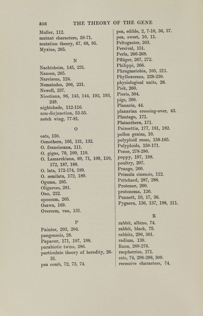 356 THE THEORY OF THE GENE Muller, 112. mutant characters, 59-71. mutation theory, 67, 68, 95. Myxine, 265. N Nachtsheim, 145, 231. Nansen, 265. Narcissus, 124. Nematodes, 206, 231. Newell, 237. Nicotiana, 96, 143, 144, 192, 193, 249. nightshade, 112-116. non-disjunction, 53-55. notch wing, 77-81. 0 oats, 150. Oenothera, 105, 131, 132. 0. franciscana. 111. 0. gigas, 70, 109, 110. 0. Lamarckiana, 69, 71, 109, 110, 172, 187, 188. 0. lata, 172-174, 189. 0. semilata, 172, 189. Oguma, 205. Oligarces, 281. Ono, 212. opossum, 205. Osawa, 169. Overeem, van, 131. P Painter, 203, 204. pangenesis, 28. Papaver, 171, 197, 198. parabiotic twins, 286. particulate theory of heredity, 26- 31. pea comb, 72, 73, 74. pea, edible, 2, 7-10, 36, 37. pea, sweet, 10, 11. Peltogaster, 263. Percival, 151. Perla, 266-268. Pflüger, 267, 272. Philippi, 266. Phragmatobia, 105, 211. Phylloxerans, 228-230. physiological units, 28. Pick, 260. Pieris, 304. pigs, 260. Planaria, 44. planarian crossing-over, 43. Plantago, 171. Platanthera, 171. Poinsettia, 177, 181, 182. pollen grains, 10. polyploid roses, 158-165. Polyploids, 150-171. Ponse, 278-280. poppy, 197, 198. poultry, 207. Prange, 260. Primula sinensis, 112. Pritchard, 287, 288. Protenor, 200. protonema, 126. Punnett, 10, 17, 36. Pygaera, 136, 137, 198, 211. R rabbit, albino, 74. rabbit, black, 75. rabbits, 296, 301. radium, 139. Rana, 269-276. raspberries, 171. rats, 74, 296-298, 309. recessive characters, 74.