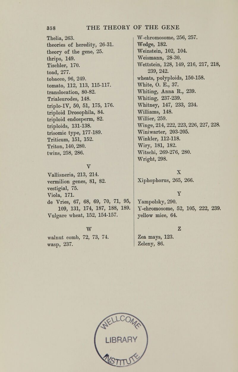 358 THE THEORY OF THE GENE Thelia, 263. theories of heredity, 26-31. theory of the gene, 25. thrips, 149. Tischler, 170. toad, 277. tobacco, 96, 249. tomato, 112, 113, 115-117. translocation, 80-82. Trialeurodes, 148. triplo-IV, 50, 51, 175, 176. triploid Drosophila, 84. triploid endosperm, 82. triploids, 131-138. trisomie type, 177-189. Triticum, 151, 152. Triton, 140, 280. twins, 258, 286. V Vallisneria, 213, 214. vermilion genes, 81, 82. vestigial, 75. Viola, 171. de Vries, 67, 68, 69, 70, 71, 95, 109, 131, 174, 187, 188, 189. Vulgare Avheat, 152, 154-157. W walnut comb, 72, 73, 74. wasp, 237. W-chromosome, 256, 257. Wedge, 182. Weinstein, 102, 104. Weismann, 28-30. Wettstein, 128, 149, 216, 217, 218, 239, 242. wheats, polyploids, 150-158. White, 0. E., 37. Whiting, Anna R., 239. Whiting, 237-239. Whitney, 147, 233, 234. Williams, 148. Willier, 259. Winge, 214, 222, 223, 226, 227, 228. Winiwarter, 203-205. Winkler, 112-118. Wiry, 181, 182. Witschi, 269-276, 280. Wright, 298. X Xiphophorus, 265, 266. Y Yampolsky, 290. Y-chromosome, 52, 105, 222, 239. yellow mice, 64. Z Zea mays, 123. Zeleny, 86. иВЙАЯУ ^ТТГ^