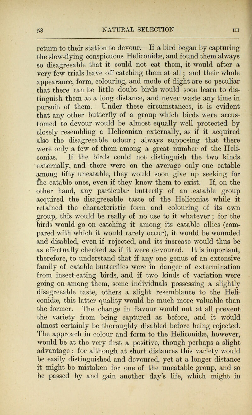 58 NATURAL SELECTION III return to their station to devour. If a bird began by capturing the slow-flying conspicuous Heliconidee, and found them always so disagreeable that it could not eat them, it would after a very few trials leave off catching them at all ; and their whole appearance, form, colouring, and mode of flight are so peculiar that there can be little doubt birds would soon learn to dis¬ tinguish them at a long distance, and never waste any time in pursuit of them. Under these circumstances, it is evident that any other butterfly of a group which birds were accus¬ tomed to devour would be almost equally well protected by closely resembling a Heliconian externally, as if it acquired also the disagreeable odour; always supposing that there were only a few of them among a great number of the Heli- conias. If the birds could not distinguish the two kinds externally, and there were on the average only one eatable among fifty uneatable, they would soon give up seeking for t'he eatable ones, even if they knew them to exist. If, on the other hand, any particular butterfly of an eatable group acquired the disagreeable taste of the Heliconias while it retained the characteristic form and colouring of its own group, this would be really of no use to it whatever ; for the birds would go on catching it among its eatable allies (com¬ pared with which it would rarely occur), it would be wounded and disabled, even if rejected, and its increase would thus be as effectually checked as if it were devoured. It is important, therefore, to understand that if any one genus of an extensive family of eatable butterflies were in danger of extermination from insect-eating birds, and if two kinds of variation were going on among them, some individuals possessing a slightly disagreeable taste, others a slight resemblance to the Heli- conidse, this latter quality would be much more valuable than the former. The change in flavour would not at all prevent the variety from being captured as before, and it wotdd almost certainly be thoroughly disabled before being rejected. The approach in colour and form to the Heliconidse, however, would be at the very first a positive, though perhaps a slight advantage ; for although at short distances this variety would be easily distinguished and devoured, yet at a longer distance it might be mistaken for one of the uneatable group, and so be passed by and gain another day's life, which might in