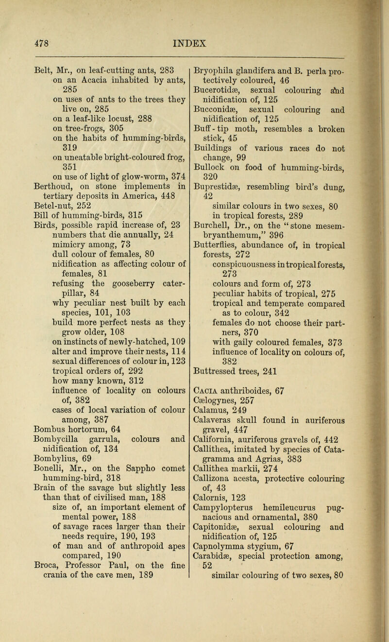 478 INDEX Belt, Mr., on leaf-cutting ants, 283 on an Acacia inhabited by ants, 285 on uses of ants to the trees they live on, 285 on a leaf-like locust, 288 on tree-frogs, 305 on the habits of humming-birds, 319 on uneatable bright-coloured frog, 351 on use of light of glow-worm, 374 Berthoud, on stone implements in tertiary deposits in America, 448 Betel-nut, 252 Bill of humming-birds, 315 Birds, possible rapid increase of, 23 numbers that die annually, 24 mimicry among, 73 dull colour of females, 80 nidification as affecting colour of females, 81 refusing the gooseberry cater¬ pillar, 84 why peculiar nest built by each species, 101, 103 build more perfect nests as they grow older, 108 on instincts of newly-hatched, 109 alter and improve their nests, 114 sexual differences of colour in, 123 tropical orders of, 292 how many known, 312 influence of locality on colours of, 382 cases of local variation of colour among, 387 Bombus hortorum, 64 Bombycilla garrula, colours and nidification of, 134 Bombylius, 69 Bonelli, Mr., on the Sappho comet humming-bird, 318 Brain of the savage but slightly less than that of civilised man, 188 size of, an important element of mental power, 188 of savage races larger than their needs require, 190, 193 of man and of anthropoid apes compared, 190 Broca, Professor Paul, on the fine crania of the cave men, 189 Bryophila glandifera and B. perla pro¬ tectively coloured, 46 Bucerotidae, sexual colouring a'ùd nidification of, 125 Bucconidse, sexual colouring and nidification of, 125 Buff - tip moth, resembles a broken stick, 45 Buildings of various races do not change, 99 Bullock on food of humming-birds, 320 Buprestidse, resembling bird's dung, 42 similar colours in two sexes, 80 in tropical forests, 289 Burchell, Dr., on the stone mesem- bryanthemum, 396 Butterflies, abundance of, in tropical forests, 272 conspicuousness in tropical forests, 273 colours and form of, 273 peculiar habits of tropical, 275 tropical and temperate compared as to colour, 342 females do not choose their part¬ ners, 370 with gaily coloured females, 373 influence of locality on colours of, 382 Buttressed trees, 241 Cacia anthriboides, 67 Ceelogynes, 257 Calamus, 249 Calaveras skull found in auriferous gravel, 447 California, auriferous gravels of, 442 Callithea, imitated by species of Cata- gramma and Agrias, 383 Callithea markii, 274 Callizona acesta, protective colouring of, 43 Calornis, 123 Campylopterus hemileucurus pug¬ nacious and ornamental, 380 Capitonidae, sexual colouring and nidification of, 125 Capnolymma stygium, 67 Carabidae, special protection among, 52 similar colouring of two sexes. 80