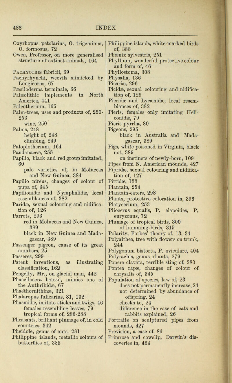 488 INDEX Oxyrhopus petolarius, О. trigeminus, О. formosus, 72 Owen, Professor, on more generalised structure of extinct animals, 164 Pachtotris fabricii, 69 Pachyx'liynchi, weevils mimicked by Longicorns, 67 Pisciloderma terminale, 66 Palaeolithic implements in North America, 441 Paleotherium, 165 Palm-trees, uses and products of, 250- 253 wine, 250 Palms, 248 height of, 248 climbing, 249 Paloplotherium, 164 Pandanaceœ, 255 Papilio, black and red group imitated, 60 pale varieties of, in Moluccas and New Guinea, 384 Papilio nireus, changes of colour of pupa of, 345 Papilionidse and Nymphalidse, local resemblances of, 382 Paridae, sexual colouring and nidifica¬ tion of, 126 Parrots, 293 red in Moluccas and New Guinea, 389 black in New Guinea and Mada¬ gascar, 389 Passenger pigeon, cause of its great numbers, 25 Passeres, 299 Patent inventions, as illustrating classification, 162 Pengelly, Mr., on glacial man, 442 Phacellocera batesii, mimics one of the Anthribidae, 67 Phaëthornithinse, 321 Phalaropus fulicarius, 81, 132 Phasmidœ, imitate sticks and twigs, 46 females resembling leaves, 79 tropical forms of, 286-288 Pheasants, brilliant plumage of, in cold countries, 342 Pheidole, genus of ants, 281 Philippine islands, metallic colours of butterflies of, 385 Philippine islands, white-marked birds of, 388 Phœnix sylvestris, 251 Phyllium, wonderful protective colour and form of, 46 Phyllostoma, 308 Physalia, 136 Picariae, 296 Picidae, sexual colouring and nidifica¬ tion of, 125 Pieridse and Lycsenidse, local resem¬ blances of, 382 Pieris, females only imitating Heli- conidse, 79 Pieris pyrrha, 80 Pigeons, 295 black in Australia and Mada¬ gascar, 389 Pigs, white poisoned in Virginia, black not, 389 on instincts of newly-born, 109 Pipes from N. American mounds, 427 Pipridse, sexual colouring and nidifica¬ tion of, 127 Pittidae, 133 Plantain, 254 Plantain-eaters, 298 Plants, protective coloration in, 396 Platycerium, 253 Pliocerus equalis, P. elapoides, P. euryzonus, 72 Plumage of tropical birds, 300 of humming-birds, 315 Polarity, Forbes' theory of, 13, 34 Polyalthea, tree with flowers on trunk, 244 Polygonum bistorta, P. aviculare, 404 Polyrachis, genus of ants, 279 Ponera clavata, terrible sting of, 280 Pontea rapse, changes of colour of chrysalis of, 345 Population of species, law of, 23 does not permanently increase, 24 not determined by abundance of off'spring, 24 checks to, 24 difference in the case of cats and rabbits explained, 26 Portraits on sculptured pipes from mounds, 427 Prevision, a case of, 86 Primrose and cowslip, Darwin's dis¬ coveries in, 464