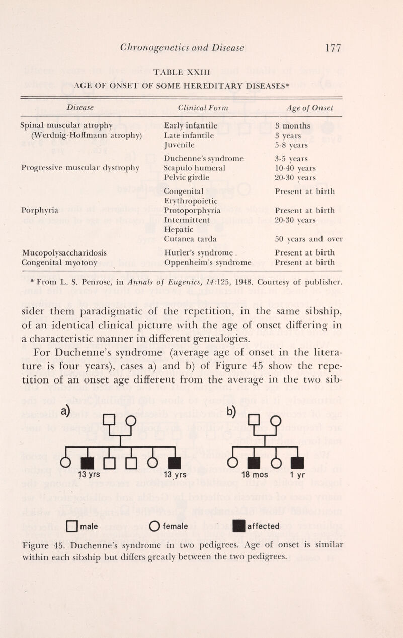 Chronogenetics and Disease 177 TABLE XXIII AGE OF ONSET OF SOME HEREDITARY DISEASES» * From L. S. Penrose, in Annals of Eugenics, 14:125, 1948. Courtesy of publisher. sider them paradigmatic of the repetition, in the same sibship, of an identical clinical picture with the age of onset differing in a characteristic manner in different genealogies. For Duchenne's syndrome (average age of onset in the litera¬ ture is four years), cases a) and b) of Figure 45 show the repe¬ tition of an onset age different from the average in the two sib- a) 13 yrs 13 yrs b) ¿ É ¿ à 18 mos 1 yr I I male О female affected Figure 45. Duchenne's syndrome in two pedigrees. Age of onset is similar within each sibship but differs greatly between the two pedigrees.
