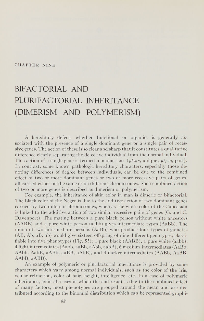 CHAPTER NINE BIFACTORIAL AND PLURIFACTORIAL INHERITANCE (DIMERISM AND POLYMERISM) A hereditary defect, whether functional or organic, is generally as¬ sociated with the presence of a single dominant gene or a single pair of reces¬ sive genes. The action of these is so clear and sharp that it constitutes a qualitative difference clearly separating the defective individual from the normal individual. This action of a single gene is termed monomerism {^bvos, unique; ¡xkpos, part). In contrast, some known pathologic hereditary characters, especially those de¬ noting differences of degree between individuals, can be due to the combined effect of two or more dominant genes or two or more recessive pairs of genes, all carried either on the same or on different chromosomes. Such combined action of two or more genes is described as dimerism or polymerism. For example, the inheritance of skin color in man is dimeric or bifactorial. The black color of the Negro is due to the additive action of two dominant genes carried by two different chromosomes, whereas the white color of the Caucasian is linked to the additive action of two similar recessive pairs of genes (G. and C. Davenport). The mating between a pure black person without white ancestors (AABB) and a pure white person (aabb) gives intermediate types (AaBb). The union of two intermediate persons (AaBb) who produce four types of gametes (AB, Ab, аВ, ab) would give sixteen offspring of nine different genotypes, classi¬ fiable into five phenotypes (Fig. 55) : 1 pure black (AABB), 1 pure white (aabb), 4 light intermediates (Aabb, aaBb, aAbb, aabB), 6 medium intermediates (AaBb, AAbb, AabB, aABb, ааВВ, аАЬВ), and 4 darker intermediates (AABb, AaBB, AAbB, aABB). An example of polymeric or plurifactorial inheritance is provided by some characters which vary among normal individuals, such as the color of the iris, ocular refraction, color of hair, height, intelligence, etc. In a case of polymeric inheritance, as in all cases in which the end result is due to the combined effect of many factors, most phenotypes are grouped around the mean and are dis¬ tributed according to the binomial distribution which can be represented graphi- 68