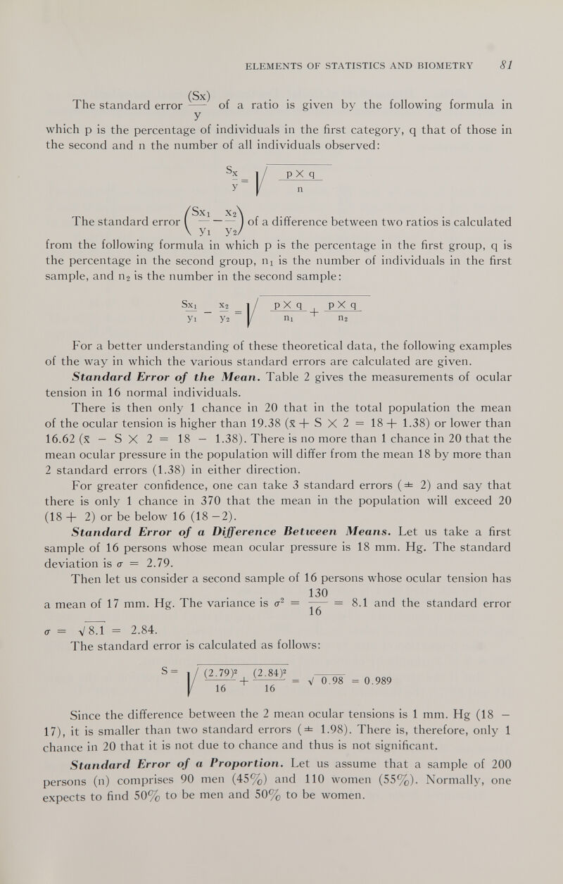 ELEMENTS OF STATISTICS AND BIOMETRY 81 (Sx) The standard error  of a ratio is given by the following formula in У which p is the percentage of individuals in the first category, q that of those in the second and n the number of all individuals observed: P X q /Sxi ХгХ The standard error ( ) of a difference between two ratios is calculated \ yi У2/ from the following formula in which p is the percentage in the first group, q is the percentage in the second group, ni is the number of individuals in the first sample, and П2 is the number in the second sample: - _ — - 1 / n У2 ~ I/ Sxi X2 1 / p X q P X q yi У2 I/ ni • П2 For a better understanding of these theoretical data, the following examples of the way in which the various standard errors are calculated are given. Standard Error of the Mean. Table 2 gives the measurements of ocular tension in 16 normal individuals. There is then only 1 chance in 20 that in the total population the mean of the ocular tension is higher than 19.38 (x + S X 2 = 18 + 1.38) or lower than 16.62 (x — S X 2 = 18 — 1.38). There is no more than 1 chance in 20 that the mean ocular pressure in the population will differ from the mean 18 by more than 2 standard errors (1.38) in either direction. For greater confidence, one can take 3 standard errors (=ь 2) and say that there is only 1 chance in 370 that the mean in the population will exceed 20 (18 + 2) or be below 16 (18 —2). Standard Error of a Difference Between Means. Let us take a first sample of 16 persons whose mean ocular pressure is 18 mm. Hg. The standard deviation is с = 2.79. Then let us consider a second sample of 16 persons whose ocular tension has 130 a mean of 17 mm. Hg. The variance is = 7— = 8.1 and the standard error 16 (Г = V8.1 = 2.84. The standard error is calculated as follows: S= 1 / (2.79)2 (2.84) |/ + ^= V 0.98 = 0.989 16 16 Since the difference between the 2 mean ocular tensions is 1 mm. Hg (18 - 17), it is smaller than two standard errors (± 1.98). There is, therefore, only 1 chance in 20 that it is not due to chance and thus is not significant. Standard Error of a Proportion. Let us assume that a sample of 200 persons (n) comprises 90 men (45%) and 110 women (55%). Normally, one expects to find 50% to be men and 50% to be women.