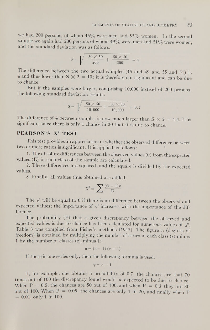 ELEMENTS OF STATISTICS AND BIOMETRY 83 we had 200 persons, of whom 45% were men and 55% women. In the second sample we again had 200 persons of whom 49% were men and 51% were women, and the standard deviation was as follows: The difference between the two actual samples (45 and 49 and 55 and 51) is 4 and thus lower than S X 2 = 10; it is therefore not significant and can be due to chance. But if the samples were larger, comprising 10,000 instead of 200 persons, the following standard deviation results: The difference of 4 between samples is now much larger than S X 2 = 1.4. It is significant since there is only 1 chance in 20 that it is due to chance. PEARSON'S X' TEST This test provides an appreciation of whether the observed difference between two or more ratios is significant. It is applied as follows: 1. The absolute differences between the observed values (0) from the expected values (E) in each class of the sample are calculated. 2. These differences are squared, and the square is divided by the expected values. 3. Finally, all values thus obtained are added. The will be equal to 0 if there is no difference between the observed and expected values; the importance of increases with the importance of the dif¬ ference. The probability (P) that a given discrepancy between the observed and expected values is due to chance has been calculated for numerous values of x^- Table 3 was compiled from Fisher's methods (1947). The figure n (degrees of freedom) is obtained by multiplying the number of series in each class (s) minus 1 by the number of classes (c) minus 1 : If, for example, one obtains a probability of 0.7, the chances are that 70 times out of 100 the discrepancy found would be expected to be due to chance. When P = 0.5, the chances are 50 out of 100, and when P = 0.3, they arc 30 out of 100. When P = 0.05, the chances are only 1 in 20, and finally when P = 0.01, only 1 in 100. n = (s - 1) (c - 1) If there is one series only, then the following formula is used: 7 = с — 1