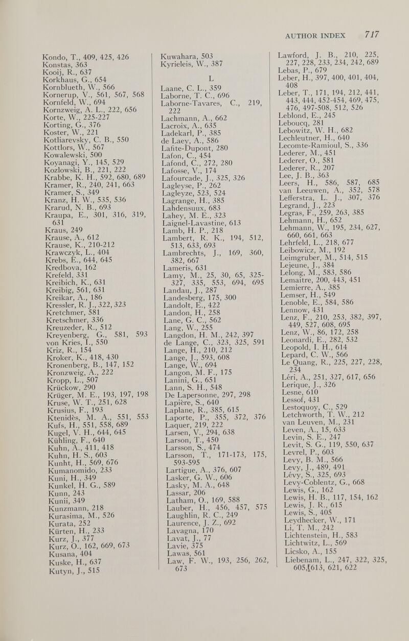 AUTHOR INDEX 717 Kondo, T., 409, 425, 426 Konstas, 363 Kooij, R., 637 Korkhaus, G., 654 Kornblueth, W., 566 Kornerup, v., 561, 567, 568 Kornfeld, W., 694 Kornzweig, A. L., 222, 656 Korte, W., 225-227 Körting, G., 376 Koster, W., 221 Kotliarevsky, С. В., 550 Kottlors, W., 567 Kowalewski, 500 Koyanagi, Y., 145, 529 Kozlowski, В., 221, 222 Krabbe, К. H., 592, 680, 689 Kramer, R., 240, 241, 663 Kramer, S., 349 Kranz, H. W., 535, 536 Krarud, N. В., 693 Kraupa, E., 301, 316, 319, 631 Kraus, 249 Krause, A., 612 Krause, К., 210-212 Krawczyk, L., 404 Krebs, е., 644, 645 Kredbova, 162 Krefeld, 331 Kreibich, K., 631 Kreibig, 561, 631 Kreikar, A., 186 Kressler, R. J., 322, 323 Kretchmer, 581 Kretschmer, 336 Kreuzeder, R., 512 Kreyenberg, G., 581, 593 von Kries, I., 550 Kriz, R., 154 Kroker, K., 418, 430 Kronenberg, В., 147, 152 Kronzweig, A., 222 Kropp, L., 507 Krückow, 290 Krüger, M. E., 193, 197, 198 Kruse, W. T., 251, 628 Krusius, F., 193 Ktenidès, M. A., 551, 553 Kufs, H., 551, 558, 689 Kugel, V. H., 644, 645 Kühling, F., 640 Kuhn, A., 411, 418 Kuhn, H. S., 603 Kunht, H., 569, 676 Kumanomido, 233 Kuni, H., 349 Kunkel, H. G., 589 Kunn, 243 Kunii, 349 Kunzmann, 218 Kurasima, M., 526 Kurata, 252 Kürten, H., 233 Kurz, J., 377 Kurz, O., 162, 669, 673 Kusana, 404 Kuske, H., 637 Kutyn, J., 515 Kuwahara, 503 Kyrieleis, W., 387 L Laane, C. L., 359 Laborne, T. C., 696 Laborne-Tavares, C., 219, 222 Lachmann, A., 662 Lacroix, A., 635 Ladekarl, P., 385 de Laey, A., 586 Lafite-Dupont, 280 Lafon, C., 454 Lafond, C., 272, 280 Lafosse, V., 174 Lafourcade, J., 325, 326 Lagleyse, P., 262 Lagleyze, 523, 524 Lagrange, H., 385 Lahdensuux, 683 Lahey, M. E., 323 Laignel-Lavastine, 613 Lamb, H. P., 218 Lambert, R. К., 194, 512, 513, 633, 693 Lambrechts, J., 169, 360, 382, 667 Lameris, 631 Lamy, M., 25, 30, 65, 325- 327, 335, 553, 694, 695 Landau, J., 287 Landesberg, 175, 300 Landolt, E., 422 Landon, H., 258 Lane, G. C., 562 Lang, W., 255 Langdon, H. M., 242, 397 de Lange, C., 323, 325, 591 Lange, H., 210, 212 Lange, J., 593, 608 Lange, W., 694 Langon, M. F., 175 Lanini, G., 651 Lann, S. H., 548 De Lapersonne, 297, 298 Lapière, S., 640 Laplane, R., 385, 615 Laporte, P., 355, 372, 376 Laquer, 219, 222 Larsen, V., 294, 638 Larson, T., 450 Larsson, S., 474 Larsson, T., 171-173, 175, 593-595 Lartigue, A., 376, 607 Lasker, G. W., 606 Lasky, M. A., 648 Lassar, 206 Latham, О., 169, 588 Lauber, H., 456, 457, 575 Laughlin, R. С., 249 Laurence, J. Z., 692 Lavagna, 170 Lavat, J., 77 Lavie, 375 Lawas, 561 Law, F. W., 193, 256, 262, 673 Lawford, J. В., 210, 225, 227, 228, 233, 234, 242, 689 Lebas, P., 679 Leber, H., 397, 400, 401, 404, 408 Leber, T., 171, 194, 212, 441, 443, 444,452-454, 469, 475, 476, 497-508, 512, 526 Leblond, E., 245 Leboucq, 281 Lebowitz, W. H., 682 Lechleutner, H., 640 Lecomte-Ramioul, S., 336 Lederer, M., 451 Lederer, O., 581 Lederer, R., 207 Lee, J. В., 363 Leers, H., 586, 587, 685 van Leeuwen, A., 352, 578 Lefferstra, L. J., 307, 376 Legrand, J., 223 Legras, F., 259, 263, 385 Lehmann, H., 652 Lehmann, W., 195, 234, 627, 660, 661, 663 Lehrfeld, L., 218, 677 Leibowicz, M., 192 Leimgruber, M., 514, 515 Lejeune, J., 384 Lelong, M., 583, 586 Lemaitre, 200, 443, 451 Lemierre, A., 385 Lemser, H., 549 Lenoble, E., 584, 586 Lennow, 431 Lenz, F., 210, 253, 382, 397, 449, 527, 608, 695 Lenz, W., 86, 172, 258 Leonardi, E., 282, 532 Leopold, L H., 614 Lepard, C. W., 566 Le Quang, R., 225, 227, 228, 234 Léri, A., 251, 327, 617, 656 Lerique, J., 326 Lesne, 610 Lessof, 431 Lestoquoy, C., 529 Letchworth, T. W., 212 van Leuven, M., 231 Leven, A., 15, 633 Levin, S. E., 247 Levit, S. G., 119, 550, 637 Levrel, P., 603 Levy, В. M., 566 Levy, J., 489, 491 Lévy, S., 325, 693 Levy-Coblentz, G., 668 Lewis, G., 162 Lewis, H. В., 117, 154, 162 Lewis, J. R., 615 Lewis, S., 405 Leydhecker, W., 171 Li, T. M., 242 Lichtenstein, H., 583 Lichtwitz, L., 569 Licsko, A., 155 Liebenam, L., 247, 322, 325, 605,5613, 621, 622