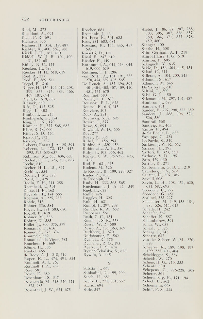 7ZZ AUTHOR INDEX Riad, M., 372 Ricaldoni, A., 694 Ricci, P. R., 694 Richards, 375 Richner, H., 314, 319, 487 Richter, R., 400, 587, 588 Rickli, J. H., 165, 410 Riddell, W. J. В., 104, 400, 431, 432, 651 Ridley, N. C., 174 Riecken, H., 673 Riecker, H. H., 618, 619 Ried, A., 227 Riedl, F., 369, 511 Riegel, е., 310 Rieger, H., 156, 192, 212, 298, 299, 355, 375, 383, 466, 469, 487, 694 Riehl, G., 519, 682 Riesack, 660 Rife, D., 417, 525 Riggs, L., 402 Rimboud, L., 245 Rindfleisch, G., 154 Ring, O., 151, 170 Rintelen, F., 277, 568, 682 Riser, R. О., 600 Risley, S. D., 154 Rizzo, P., 172 Rizzoli, F., 532 Roberts, Fraser J. A., 25, 594 Roberts, L., 172, 175, 447, 593, 595, 635-637 Robinson, M., 635, 636, 660 Rochat, G. F., 323, 533, 687 Roche, 610 Rocher, H. L., 151, 327 Röchling, 554 Rodier, J. M., 325 Rodil, D., 429 Rodin, F. H., 241, 258 Roemheld, L., 591 Roese, H. F., 162 Rogalski, T., 174, 555 Rogman, A., 225, 233 Rohde, 242 Rohner, 336, 584 Roger, H., 581, 583, 680 Rogoff, В., 619 Rohner, M., 336 Rohrer, K., 385 Rollet, J., 300, 375, 379 Romanus, T., 616 Römer, A., 373, 374 Römmelt, 669 Ronault de la Vigne, 581 Rónchese, F., 669 Rönne, H., 506 Roobol, 468 de Rooy, A. J., 218, 219 Roper, K. L., 474, 491, 524 Rosanoff, A. J-, 262 Rosanoff, I. A., 262 Rose, 581 Rosen, е., 689 Rosenbaum, S., 347 Rosenstein, M., 243, 270, 271, 273, 285 Rosenthal, J. W., 674, 675 Roscher, 681 Rosmanit, J., 434 Ros Pena, R., 501, 683 Ross, 271, 683, 684 Rossano, R., 155, 445, 457, 693 Rossetti, D., 169 Rossi, е., 247, 619 Rössler, F., 149 Rothmund, A., 641, 643, 644, 649, 666, 679 Rothnen, T. P., 206 von Rötth, A., 161, 191, 252, 270,454, 589, 495, 565 De Rouck, A., 157, 396, 397, 401,404,405,407,409, 410, 451, 454, 670 Rouffinet, 580 Roulet, E. L., 677 Rousseau, F. L., 673 Roussel, F., 614, 615 Rouviere, 207 Roux, A., 251 Rovinskij, S. A., 695 Rowan, J., 377 Rowe, S., 694 Rowland, W. D., 606 Roy, 277 Royer, P., 335 Rübel, е., 156, 294 Rubino, A., 380, 453 Rubinowitz, A. H., 580 Ruby, J., 103, 356, 462 Rücker, С. W., 252-255, 423, 432 Rud, е., 631, 645 Rudens, M., 526 de Rudder, В., 109, 229, 327 Rüder, А., 206 de Rudolph, 354 Rudy, H., 333, 563, 565 Ruedemann, J. A. D., 349 Ruel, H., 622 Ruffie, 426 Ruggles, H., 325 Ruhl, H., 621 Rumpf, J., 297, 298 Rundles, R. W., 652 Ruppaner, 561 Rush, С. е., 154 Rüssel, J. S. R., 553 Rüssel, W. R., 580 Russo, A., 356, 363, 369 Ruthberg, J., 670 Rutishouser, E., 562 Ryan, L. R., 175 Rychener, R. O., 193 Ryerson, F. S., 474 Rygier-Cekalska, S., 628 Rywlin, A., 445 S Sabata, J., 669 Sabbadini, D., 199, 200 Sacchi, и., 683 Sachs, В., 271, 551, 557 Sacrez, 694 Sade, 347 Saeb0, J., 86, 87, 207, 288, 303, 305, 307, 356, 357, 360, 364, 371, 377, 378, 459, 460 Saenger, 400 Saethe, H., 608 Saint-Germain, A. J., 218 Saint-Hilaire, I. G., 519 Sainton, P., 605 Sakaguchi, Y., 635 Sakic, D., 156, 304, 445, 451 Salani, е., 244 Salleras, A., 104, 200, 245 Salomon, S., 617 Salomon, W., 545 De Salterain, 610 Saltini, G-, 300 Salvi, G. L., 450 Salzmann, M., 297, 404, 487 Sambron, J., 689 Samuels, 451 Sander, P., 297, 298, 355, 359 Sanders, J., 388, 406, 524, 526, 530 Sandrail, 568 Sandvig, K., 465 Santos, F., 494 de Sa'Pnella, L., 683 Sapuppo, C., 324 Lo Sardo, S., 349 Sarkies, J. W. R., 652 Sarrazin, L., 295 Sartori, е., 323, 550 Sathaye, V. D., 195 Sato, 429, 430 Sattler, R., 271 Saubermann, G. В. С., 219 Saunders, T. S., 629 Sautter, H., 307, 385 Savelli, 608 Savin, L. H., 408, 451, 620, 631, 682, 695 Sbordone, е., 297 Sbordone, G., 451 Scalinci, 225, 227 Schachter, M., 149, 153, 154, 375, 526, 614, 615 Schade, H., 242 Schaefer, 562 Schaffer, K., 557 Schamburow, 591 Schar, W., 637 Scharf, J., 325 Scharg, J., 243 Schartz, 637 van der Scheer, W. M., 270, 383 Scheerer, R., 189, 190, 197, 199, 223, 403, 404 Scheidegger, S., 557 Scheidt, W., 270 Scheie, H. G., 219, 353 Schenkl, 170 Schepens, C., 226-228, 508 Scherer, 561 Scherenberg, К., I7l, 194 Schick, В., 562 Schiemann, 668 Schiff, F. S., 334