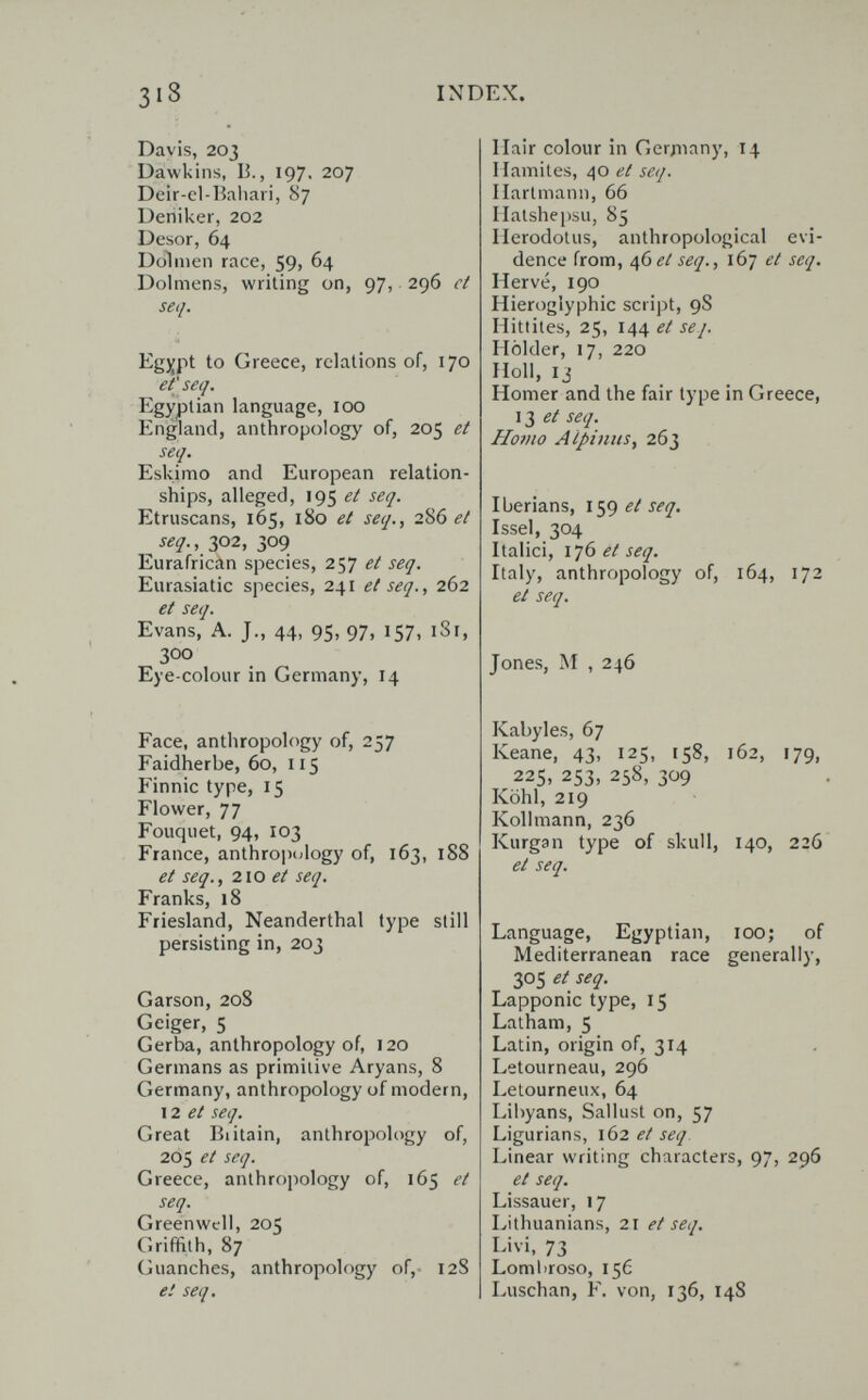 3i8 INDEX. Davis, 203 Dawkins, В., 197. 207 Deir-el-Baliaii, 87 Denilcer, 202 Desor, 64 Dolmen race, 59) 64 Dolmens, writing on, 97, 296 et seq. Egjjpt to Greece, relations оГ, 170 et'seq. Egyptian language, 100 England, anthropology of, 205 et seq. Eskimo and European relation¬ ships, alleged, 195 et seq. Etruscans, 165, 180 et seq., 2^6 el seq., -^02, 309 Eurafrican species, 257 et seq. Eurasiatic species, 241 et seq., 262 et seq. Evans, A. J., 44, 95, 97, 157, i8r, 300 Eye -colour in Germany, 14 Face, anthropology of, 257 Faidherbe, 60, 115 Finnic type, 15 Flower, 77 Fouquet, 94, 103 France, anthropcJogy of, 163, 188 et seq., 2io et seq. Franks, 18 Friesland, Neanderthal type still persisting in, 203 Garson, 208 Geiger, 5 Gerba, anthropology of, 120 Germans as primitive Aryans, 8 Germany, anthropology of modern, 12 et seq. Great Biitain, anthropology of, 205 et seq. Greece, anthropology of, 165 et seq. Greenwcll, 205 Griffith, 87 Guanches, anthropology of,- 128 et seq. Hair colour in Gerjiiany, 14 Mamites, 40 et seq. Hartmann, 66 Hatshe[)su, 85 Herodotus, anthropological evi¬ dence from, Ф et seq., 167 et seq. Hervé, 190 Hieroglyphic script, 98 Hittites, 25, 144 et se J. Holder, 17, 220 Holl, 13 Homer and the fair type in Greece, 13 et seq. Hoììio Alpi mis, 263 Iberians, et seq. Issel, 304 Italici, lib el seq. Italy, anthropology of, 164, 172 et seq. Jones, M , 246 Kabyles, 67 Keane, 43, 125, 158, 162, 179, 225, 253, 258, 309 Köhl, 219 Kollmann, 236 Kurgan type of skull, 140, 22Ó et seq. Language, Egyptian, 100; of Mediterranean race generally, 305 et seq. Lapponic type, 15 Latham, 5 Latin, origin of, 314 Letourneau, 296 Letourneux, 64 Libyans, Sallust on, 57 Ligurians, 162 et seq. Linear writing characters, 97, 296 et seq. Lissauer, 17 Lithuanians, 21 et seq, Livi, 73 Lombroso, 156 Luschan, F. von, 136, 148