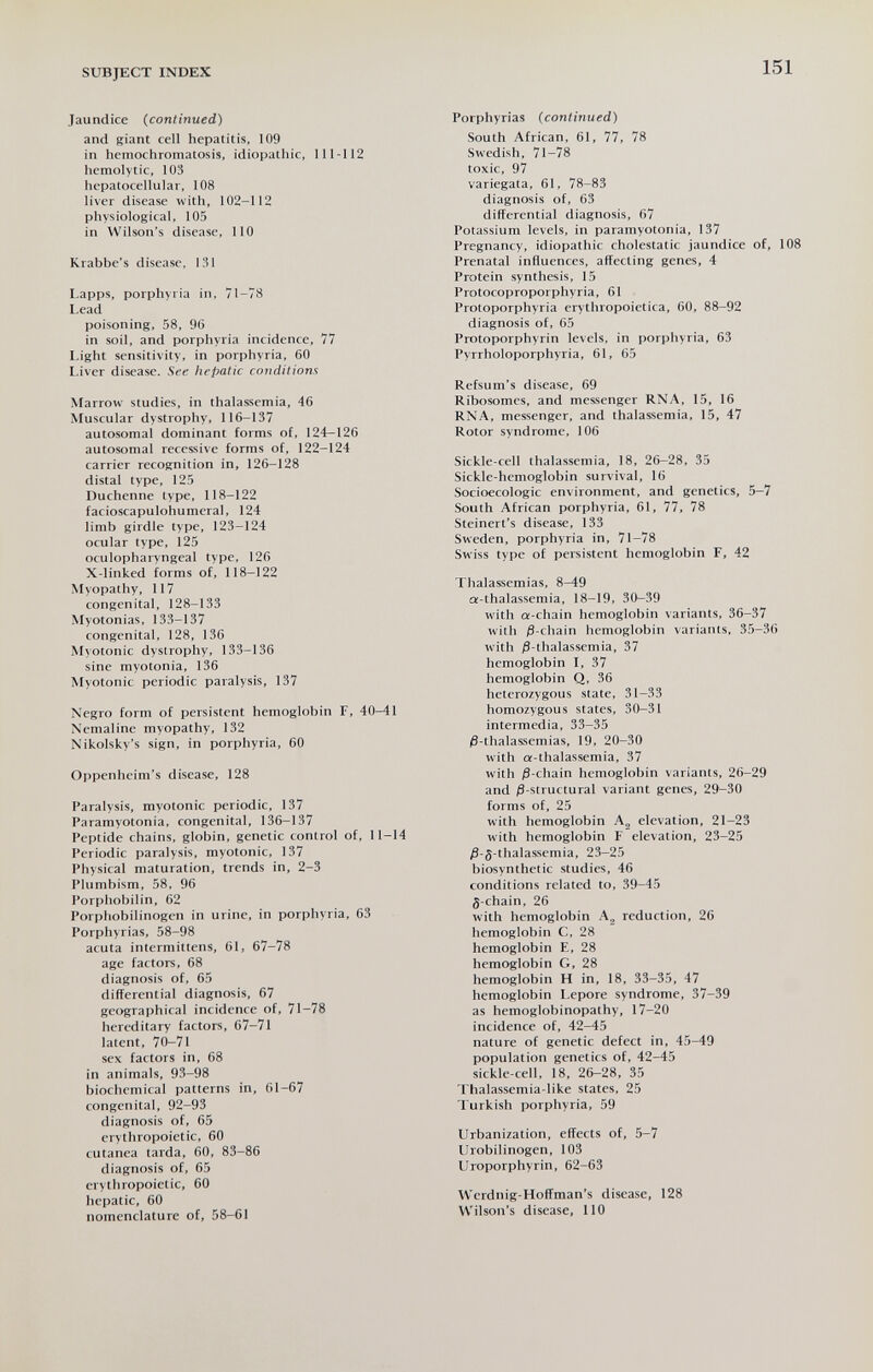 SUBJECT INDEX 151 Jaundice {continued) and giant cell hepatitis, 109 in hemochromatosis, idiopathic, 111-112 hemolytic, 103 hepatocellular, 108 liver disease with, 102-112 physiological, 105 in Wilson's disease, 110 Krabbe's disease, 131 Lapps, porphyria in, 71-78 Lead poisoning, 58, 96 in soil, and porphyria incidence, 77 Light sensitivity, in porphyria, 60 I.iver disease. See hepatic conditions Xiarrow studies, in thalassemia, 46 Muscular dystrophy, 116-137 autosomal dominant forms of, 124-126 autosomal recessive forms of, 122-124 carrier recognition in, 126-128 distal type, 125 Duchenne type, 118-122 facioscapulohumeral, 124 limb girdle type, 123-124 ocular type, 125 oculopharyngeal type, 126 X-linked forms of, 118-122 Myopathy, 117 congenital, 128-133 Myotonias. 133-137 congenital, 128, 136 Myotonic dystrophy, 133-136 sine myotonia, 136 Myotonic periodic paralysis, 137 Negro form of persistent hemoglobin F, 40-41 Xemaline myopathy, 132 Nikolsky's sign, in porphyria, 60 Oppenheim's disease, 128 Paralysis, myotonic periodic, 137 Paramyotonia, congenital, 136-137 Peptide chains, globin, genetic control of, 11-14 Periodic paralysis, myotonic, 137 Physical maturation, trends in, 2-3 Plumbism, 58, 96 Porphobilin, 62 Porphobilinogen in urine, in porphyria, 63 Porphyrias, 58-98 acuta intermittens, 61, 67-78 age factors, 68 diagnosis of, 65 differential diagnosis, 67 geographical incidence of, 71-78 hereditary factors, 67-71 latent, 70-71 sex factors in, 68 in animals, 93-98 biochemical patterns in, 61-67 congenital, 92-93 diagnosis of, 65 erythropoietic, 60 cutanea tarda, 60, 83-86 diagnosis of, 65 erythropoietic, 60 hepatic, 60 nomenclature of, 58-61 Porphyrias (continued) South African, 61, 77, 78 Swedish, 71-78 toxic, 97 variegata, 61, 78-83 diagnosis of, 63 differential diagnosis, 67 Potassium levels, in paramyotonia, 137 Pregnancy, idiopathic cholestatic jaundice of, 108 Prenatal influences, affecting genes, 4 Protein synthesis, 15 Protocoproporphyria, 61 Protoporphyria erythropoietica, 60, 88-92 diagnosis of, 65 Protoporphyrin levels, in porphyria, 63 Pyrrholoporphyria, 61, 65 Refsum's disease, 69 Ribosomes, and messenger RNA, 15, 16 RNA, messenger, and thalassemia, 15, 47 Rotor syndrome, 106 Sickle-cell thalassemia, 18, 26-28, 35 Sickle-hemoglobin survival, 16 Socioecologic environment, and genetics, 5-7 South African porphyria, 61, 77, 78 Steinert's disease, 133 Sweden, porphyria in, 71-78 Swiss type of persistent hemoglobin F, 42 Thalassemias, 8-49 «-thalassemia, 18-19, 30-39 with a-chain hemoglobin variants, 36-37 with /3-chain hemoglobin variants, 35-36 with ^-thalassemia, 37 hemoglobin I, 37 hemoglobin Q, 36 heterozygous state, 31-33 homozygous states, 30-31 intermedia, 33-35 ^-thalassemias, 19, 20-30 with a-thalassemia, 37 with )3-chain hemoglobin variants, 26-29 and ^-structural variant genes, 29-30 forms of, 25 with hemoglobin elevation, 21-23 with hemoglobin F elevation, 23-25 ^-^-thalassemia, 23-25 biosynthetic studies, 46 conditions related to, 39-45 §-chain, 26 with hemoglobin A., reduction, 26 hemoglobin C, 28 hemoglobin E, 28 hemoglobin G, 28 hemoglobin H in, 18, 33-35, 47 hemoglobin Lepore syndrome, 37-39 as hemoglobinopathy, 17-20 incidence of, 42-45 nature of genetic defect in, 45-49 population genetics of, 42-45 sickle-cell, 18, 26-28, 35 Thalassemia-like states, 25 Turkish porphyria, 59 Urbanization, effects of, 5-7 Urobilinogen, 103 Uroporphyrin, 62-63 Werdnig-Hoffman's disease, 128 Wilson's disease, 110