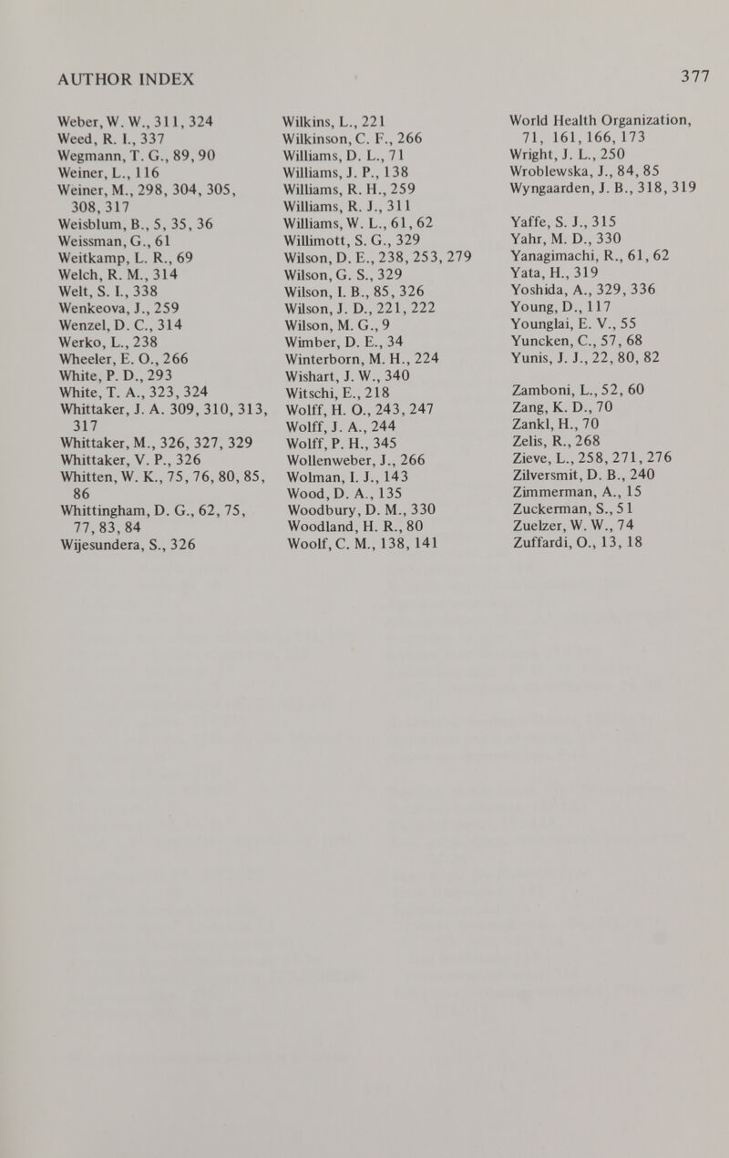 AUTHOR INDEX 377 Weber, W.W., 311, 324 Weed, R. 1., 337 Wegmann, T. G., 89, 90 Weiner, L., 116 Weiner,M., 298, 304, 305, 308,317 Weisblum, В., 5, 35, 36 Weissman, G., 61 Weitkamp, L. R., 69 Welch, R. M., 314 Welt, S. I., 338 Wenkeova, J., 259 Wenzel, D. C., 314 Werko, L.,238 Wheeler, E. О., 266 White,?. D., 293 White,!. A., 323, 324 Whittaker, J. A. 309, 310, 313, 317 Whittaker, M., 326, 327, 329 Whittaker, V. P., 326 Whitten, W. K., 75, 76, 80, 85, 86 Whittingham, D. G., 62, 75, 77, 83, 84 Wijesundera, S., 326 Wilkins, L., 221 Wilkinson, C. F., 266 Williams, D. L., 71 Williams, J. P., 138 Williams, R. H., 259 Williams, R. J., 311 Williams, W. L., 61, 62 Willimott, S. G., 329 WUson, D.E., 238,253,279 Wilson, G. S., 329 Wilson, I. В., 85, 326 Wüson, J. D., 221, 222 Wilson, M. G., 9 Wimber, D. E., 34 Winterborn, M. H., 224 Wishart, J. W., 340 Witschi, E., 218 Wolff, H. O., 243, 247 Wolff, J. A., 244 Wolff, P. H., 345 Wollenweber, J., 266 Wolman, I. J., 143 Wood,D. A., 135 Woodbury, D. M., 330 Woodland, H. R., 80 Woolf, C. M., 138, 141 World Health Organization, 71, 161,166, 173 Wright, J. L.,250 Wroblewska, J., 84, 85 Wyngaarden, J. В., 318, 319 Yaffe, S. J., 315 Yahr, M. D., 330 Yanagimachi, R., 61, 62 Yata, H., 319 Yoshida, A., 329, 336 Young, D., 117 Younglai, E. v., 55 Yuncken, C., 57, 68 Yunis, J. J., 22, 80, 82 Zamboni, L., 52, 60 Zang, K. D., 70 Zankl, H., 70 Zelis, R., 268 Zieve, L., 258, 271, 276 Zilversmit, D. В., 240 Zimmerman, A., 15 Zuckerman, S., 5 1 Zuelzer, W. W., 74 Zuffardi, O., 13, 18