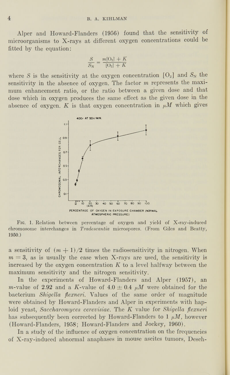 4 в. А. KIHLMAN Alper and Howard-Flanders (1956) found that the sensitivity of microorganisms to X-rays at different oxygen concentrations could be fitted by the equation: S_ ^ m[02] + К Ss [O2] + К where S is the sensitivity at the oxygen concentration [O2] and >Sn the sensitivity in the absence of oxygen. The factor m represents the maxi¬ mum enhancement ratio, or the ratio between a given dose and that dose which in oxygen produces the same effect as the given dose in the absence of oxygen. К is that oxygen concentration in [xM which gives 400r AT 50r/MlN. Û 10 20 30 40 50 60 70 80 90 100 (AIR) PeRCENTAGE OF OXYGEN IN EXPOSURE CHAMBER (NORMAL ATMOSPHERIC PRESSURE) Fig. 1. Relation between percentage of oxygen and yield of X-ray-induced chromosome interchanges in Tradescantia microspores. (From Giles and Beatty, 1950.) a sensitivity of {m1)/2 times the radiosensitivity in nitrogen. When m — d, as is usually the case when X-rays are used, the sensitivity is increased by the oxygen concentration К to a level halfway between the maximum sensitivity and the nitrogen sensitivity. In the experiments of Howard-Flanders and Alper (1957), an m-value of 2.92 and a X-value of 4.0 ±: 0.4 ¡xM were obtained for the bacterium Shigella fiexneri. Values of the same order of magnitude were obtained by Howard-Flanders and Alper in experiments with hap¬ loid yeast, Saccharomyces cerevisiae. The К value for Shigella fiexneri has subsequently been corrected by Howard-Flanders to 1 ¡xM, however (Howard-Flanders, 1958; Howard-Flanders and Jockey, 1960). In a study of the influence of oxygen concentration on the frequencies of X-ray-induced abnormal anaphases in mouse ascites tumors, Desch-
