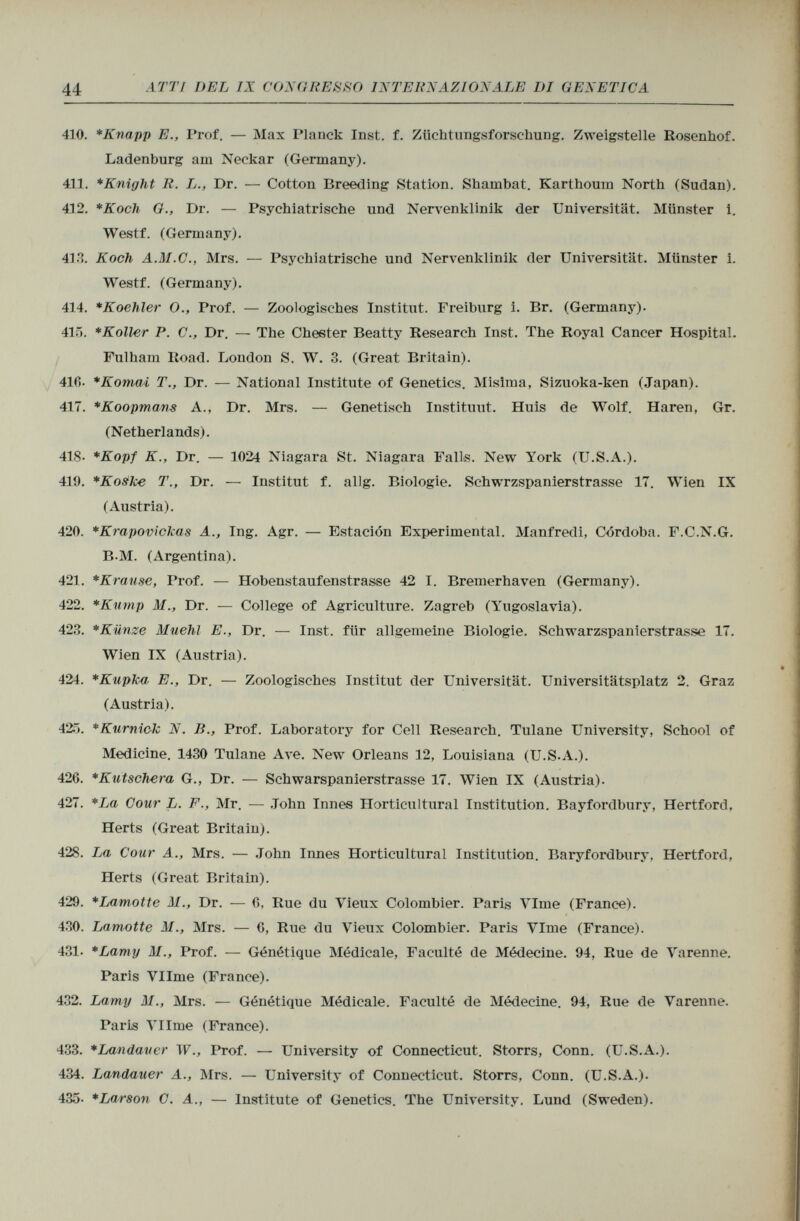 410. *Knapp E., Prof. — Max Planck Inst. f. Züchtungsforschung. Zweigstelle Rosenhof. Ladenburg ani Neckar (Germany). 411. *Knight R. L., Dr. — Cotton Breeding Station. Shainbat. Karthoum North (Sudan). 412. *Koch G., Dr. — Psychiatrische und Nervenklinik der Universität. Münster i. Westf. (Germany). 413. Koch A.M.C., Mrs. — Psychiatrische und Nervenklinik der Universität. Münster i. Westf. (Germany). 414. *Koehler O., Prof. — Zoologisches Institut. Freiburg i. Br. (Germany). 415. *Koller P. C., Dr. — The Chester Beatty Research Inst. The Royal Cancer Hospital. Fulham Road. London S. W. 3. (Great Britain). 41fi- *Komai T., Dr. — National Institute of Genetics. Misìma, Sizuoka-ken (Japan). 417. *Koopman$ A., Dr. Mrs. — Genetisch Instituut. Huis de Wolf. Haren, Gr. (Netherlands). 418- *Kopf K., Dr. — 1024 Niagara St. Niagara Falls. New York (U.S.A.). 419. *KoSke T., Dr. — Institut f. allg. Biologie. Schwrzspanierstrasse 17. Wien IX (Austria). 420. *Krapov¡ckas A., Ing. Agr. — Estación Experimental. Manfredi, Córdoba. F.C.N.G. B M. (Argentina). 421. *Krause, Prof. — Hobenstaufenstrasse 42 I. Bremerhaven (Germany). 422. *j Kump M., Dr. — College of Agriculture. Zagreb (Yugoslavia). 423. *Künze Muehì E., Dr. — Inst, für allgemeine Biologie. Schwarzspanierstrasse 17. Wien IX (Austria). 424. *Kupka E., Dr. — Zoologisches Institut der Universität. Universitätsplatz 2. Graz (Austria). 425. *Kurnick N. Ii., Prof. Laboratory for Cell Research. Tulane University, School of Medicine. 1430 Tulane Ave. New Orleans 12, Louisiana (U.S.A.). 426. *Kutschera G., Dr. — Schwarspanierstrasse 17. Wien IX (Austria). 427. *La Cour L. F., Mr. — John Innes Horticultural Institution. Bayfordbury, Hertford, Herts (Great Britain). 428. La Cour A., Mrs. — John Innes Horticultural Institution. Baryfordbury, Hertford, Herts (Great Britain). 429. *Lamotte M., Dr. — 6, Rue du Vieux Colombier. Paris VIme (France). 430. Lamotte M., Mrs. — G, Rue du Vieux Colombier. Paris VIme (France). 431- *Lamy M., Prof. — Génétique Médicale, Faculté de Médecine. 94, Rue de Varenne. Paris Vllme (France). 432. Lamy M., Mrs. — Génétique Médicale. Faculté de Médecine. 94, Rue de Varenne. Paris VI Ime (France). 433. *Landauer W., Prof. — University of Connecticut. Storrs, Conn. (U.S.A.). 434. Landauer A., Mrs. — University of Connecticut. Storrs, Conn. (U.S.A.). 435- * Larson C. A., — Institute of Genetics. The University. Lund (Sweden).