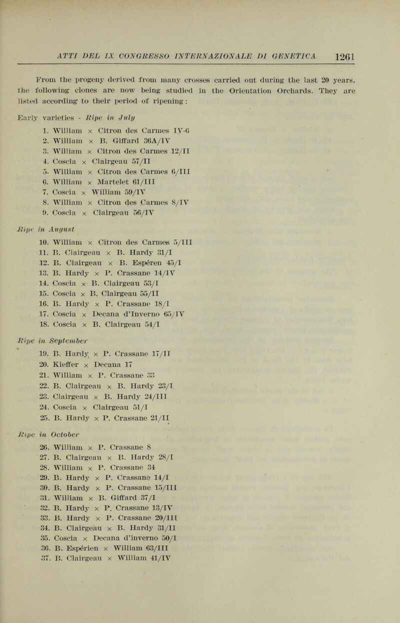 From tlie progeny derived from many crosses carried out during the last 20 years, the following clones are now being studied in the Orientation Orchards. They are listed according to their period of ripening: Early varieties - Ripe in July 1. William X Citron des Carmes IY-6 2. William x I'». Giffard 36A/IV 3. William x Citron des Carmes 12/11 4. Coscia x Clairgeau 57/11 5- William x Citron des Carmes 6/III 6. William x Martelet 61/III 7. Coscia x William 59/IV 8. William x Citron des Carmes 8/IV 9. Coscia x Clairgeau 56/IV Ripe in August 10. William x Citron des Carmes 5/III 11. Ii. Clairgeau x B. Hardy 31/1 12. B. Clairgeau x B. Esperen 45/1 13. B. Hardy x P. Crassane 14/IV 14. Coscia x B. Clairgeau 53/1 15. Coscia x B. Clairgeau 55/11 16. B. Hardy x P Crassane 18/1 17. Coscia x Decana d'Inverno 65/IV 18. Coscia x B. Clairgeau 54/1 Ripe in September 19. B. Hardy x P. Crassane 17/11 20. Kieffer x Decana 17 21. William x P. Crassane 33 22. B. Clairgeau x B. Hardy 23/1 23. Clairgeau x B. Hardy 24/III 24. Coscia x Clairgeau 51/1 25. B. Hardy x P. Crassane 21/11 Ripe in October 26. William x P. Crassane 8 27. B. Clairgeau x B. Hardy 28/1 28. William x P. Crassane 34 29. B. Hardy x P. Crassane 14/1 30. B. Hardy x P. Crassane 15/III 31. William x B. Giffard 37/1 32. B. Hardy x P. Crassane 13/IV 33. B. Hardy x P. Crassane 20/111 34. B. Clairgeau x B. Hardy 31/11 35. Coscia x Decana d'inverno 50/1 36. B. Espérien x William 63/III •37. B. Clairgeau x William 41/IY