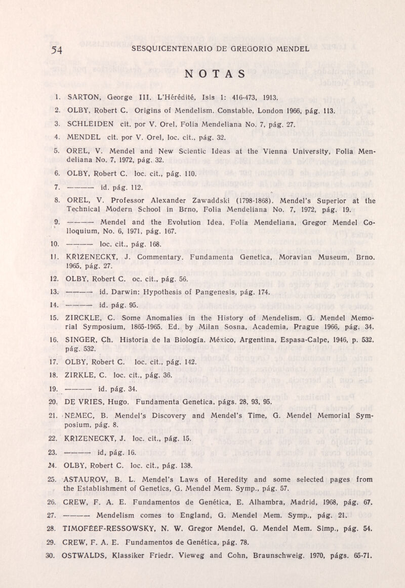 54 SESQUICENTENARIO DE GREGORIO MENDEL NOTAS 1. SARTON, George III. L'Hérédité, Isis 1: 416-473, 1913. 2. OLBY, Robert C. Origins of Mendelism. Constable, London 1966, pág. 113. 3. SCHLEIDEN cit. por V. Orel, Folia Mendeliana No. 7, pág. 27. 4. MENDEL cit. рог V. Orel, loc. cit., pág. 32. 5. OREL, V. Mendel and New Scientic Ideas at the Vienna University, Folia Men¬ deliana No. 7, 1972, pág. 32. 6. OLBY, Robert C. loc. cit., pág. ПО. 7 . id. pág. 112. 8. OREL, V. Professor Alexander Zawaddski (1798-1868). Mendel's Superior at the Technical Modern School in Brno, Folia Mendeliana No. 7, 1972, pág. 19. 9 . Mendel and the Evolution Idea, Folia Mendeliana, Gregor Mendel Co¬ lloquium, No. 6, 1971, pág. 167. 10 .  loc. cit., pág. 168. 11. KR12ENECKY, J. Commentary. Fundamenta Genetica, Moravian Museum, Brno. 1965, pág. 27. 12. OLBY, Robert C. oc. cit., pág. 56. 13 .  id. Darwin; Hypothesis of Pangenesis, pág. 174. 14 . id. pág. 95. 15. ZIRCKLE, С. Some Anomalies in the History of Mendelism. G. Mendel Memo¬ rial Symposium, 1865-1965. Ed. by Milan Sosna, Academia, Prague 1966, pág. 34, 16. SINGER, Ch. Historia de la Biología. México, Argentina, Espasa-Calpe, 1946, p. 532. pág. 532. 17. OLBY, Robert С. loc. cit., pág. 142. 18. ZIRKLE, С. loc. cit., pág. 36. 19 .  id. pág. 34. 20. DE VRIES, Hugo. Fundamenta Genetica, págs. 28, 93, 95. 21. 'NEMEC, В. Mendel's Discovery and Mendel's Time, G. Mendel Memorial Sym¬ posium, pág. 8. 22. KRIZENECKY, J. loc. cit., pág. 15. 23 . id, pág. 16. 24. OLBY, Robert С. loc. cit., pág. 138. 25. ASTAUROV, В. L. Mendel's Laws of Heredity and some selected pages from the Establishment of Genetics, G. Mendel Mem. Symp., pág. 57. 26. CREW, F. A. E. Fundamentos de Genética, E. Alhambra, Madrid, 1968, pág. 67. 27 . Mendelism comes to England, G. Mendel Mem. Symp., pág. 21. 28. TIMOFÊËF-RESSOWSKY. N. W. Gregor Mendel, G. Mendel Mem. Simp., pág. 54. 29. CREW, F. A. E. Fundamentos de Genética, pág. 78. 30. OSTWALDS, Klassiker Friedr. Vieweg and Cohn, Braunschweig. 1970, págs. 65-71.