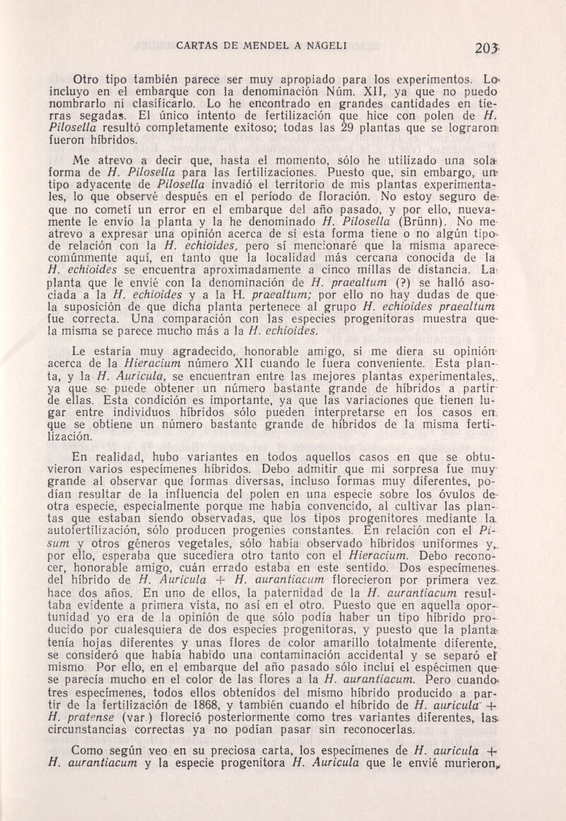 CARTAS DE MENDEL A NÄGELI 205- Otro tipo también parece ser muy apropiado para los experimentos. Lo» incluyo en el embarque con la denominación Núm. XII, ya que no puedo nombrarlo ni clasificarlo. Lo he encontrado en grandes cantidades en tie¬ rras segadas. El único intento de fertilización que hice con polen de H. Pilosella resultó completamente exitoso; todas las 29 plantas que se lograrom fueron híbridos. Me atrevo a decir que, hasta el momento, sólo he utilizado una sola-: forma de H. Pilosella para las fertilizaciones. Puesto que, sin embargo, urtí tipo adyacente de Pilosella invadió el territorio de mis plantas experimenta¬ les, lo que observé después en el período de floración. No estoy seguro de¬ que no cometí un error en el embarque del año pasado, y por ello, nueva¬ mente le envío la planta y la he denominado H. Pilosella (Brünn). No me- atrevo a expresar una opinión acerca de si esta forma tiene o no algún tipo- de relación con la H. echioides, pero sí mencionaré que la misma aparece- comúnmente aquí, en tanto que la localidad más cercana conocida de la H. echioides se encuentra aproximadamente a cinco millas de distancia. La; planta que le envié con la denominación de H. praealtum (?) se halló aso¬ ciada a la Я. echioides y a la H. praealtum; por ello no hay dudas de que- la suposición de que dicha planta pertenece al grupo H. echioides praealtum fue correcta. Una comparación con las especies progenitoras muestra que- la misma se parece mucho más a la H. echioides. Le estaría muy agradecido, honorable amigo, si me diera su opinión acerca de la Hieracium número XII cuando le fuera conveniente. Esta plan¬ ta, y la H. Auricula, se encuentran entre las mejores plantas experimentales,, ya que se puede obtener un número bastante grande de híbridos a partir- de ellas. Esta condición es importante, ya que las variaciones que tienen lu¬ gar entre individuos híbridos sólo pueden interpretarse en los casos en, que se obtiene un número bastante grande de híbridos de la misma ferti¬ lización. En realidad, hubo variantes en todos aquellos casos en que se obtu¬ vieron varios especímenes híbridos. Debo admitir que mi sorpresa fue muy- grande al observar que formas diversas, incluso formas muy diferentes, po¬ dían resultar de la influencia del polen en una especie sobre los óvulos de- otra especie, especialmente porque me había convencido, al cultivar las plan¬ tas que estaban siendo observadas, que los tipos progenitores mediante la. autofertilización, sólo producen progenies constantes. En relación con el Pi- sum y otros géneros vegetales, sólo había observado híbridos uniformes y», por ello, esperaba que sucediera otro tanto con el Hieracium. Debo recono¬ cer, honorable amigo, cuán errado estaba en este sentido. Dos especímenes. del híbrido de H. Auricula H- H. aurantiacum florecieron por primera vez. hace dos años. En uno de ellos, la paternidad de la H. aurantiacum resul¬ taba evidente a primera vista, no así en el otro. Puesto que en aquella opor¬ tunidad yo era de la opinión de que sólo podía haber un tipo híbrido pro¬ ducido por cualesquiera de dos especies progenitoras, y puesto que la planta? tenía hojas diferentes y unas flores de color amarillo totalmente diferente, se consideró que había habido una contaminación accidental y se separó еГ mismo. Por ello, en el embarque del año pasado sólo incluí el espécimen que- se parecía mucho en el color de las flores a la H. aurantiacum. Pero cuando» tres especímenes, todos ellos obtenidos del mismo híbrido producido a par¬ tir de la fertilización de 1868, y también cuando el híbrido de H. auricula' -f H. pratense (var.) floreció posteriormente como tres variantes diferentes, las; circunstancias correctas ya no podían pasar sin reconocerlas. Como según veo en su preciosa carta, los especímenes de H. auricula + H. aurantiacum y la especie progenitor a Я. Auricula que le envié murieron^