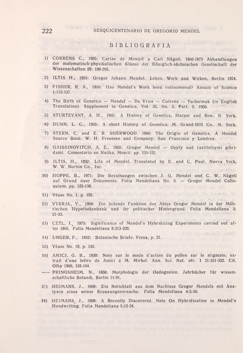 222 SESQUICENTENARIO DE GREGORIO MENDEL / ■ ; ; BIBLIOGRAFIA :i) CORRENS C., 1905; Cartas de Mendel a Carl Nägeli, 1866-1873 Abhandlungen der matematisch-physikalischen Klasse der Königlich-Sächsischen Gesellschaft der Wissenschaften 29: 189-265. .-2) ILTIS H., 1924: Gregor Johann Mendel. Leben, Werk und Wirken, Berlin 1924, -3) FISHER, R. A., 1936: Has Mendel's Work been rediscovered? Annals of Science 1:115:137. •4) The Birth of Genetics — Mendel — De Vries — Correns — Tschermak (in English Translation). Supplement to Genetics, Vol. 35, No. 5, Part. 2, 1950.  ' ' .5) STURTEVANT, A. H., 1965: A History of Genetics, Harper and Row, N. York. •■б) DUNN, L. G., 1965: A short History of Genetics. M. Grand-Hill Co., N. York, 7) STERN, C. and E. R. SHERWOOD. 1966: The Origin of Genetics. A Mendel Source Book. W.- H. Freeman and Company, San Francisco у Londres. ■ GAISSINOVITCH, A. E., 1965: Gregor Mendel — Opyty nad rastitelnymi gibrl- dami. Comentario en Nauka, Moscú, pp. 133-152. 9) ILTIS, H., 1932: Life of Mendel. Translated by E. and. C. Paul. Nueva Yoçk, W. W. Norton Co., Inc. 10) HOPPE, В., 1971: Die Beziehungen zwischen J. G. Mendel und C. W,, Nägeli auf Grund nuer Dokumente. Folia Mendeliana No. 6. — Gregor Mendel Collo¬ quium, pp. 123-138. 11) Véase No! ì, p. 192. 12) VYBRAL, V.., J968: Die leitende Funktion des Abtes Gregoi Mendel in der Mäh¬ rischen Hypothekenbank und ihr politischer Hintergrund. Folia Mendeliana' 3: 21-33. ' • - ; . . - , . ; - . Î13) CETL, I.^ 1973: Significance of Mendel's Hybridizing Experiments carried out af¬ ter 1865. Folia Mendeliana 8:213-220. 14) UNGER, F., 1852: Botanische Briefe. Viena, p. 21. 15) Véase No. 10, p. 136. 16) AMICI, G. В., 1830: Note sur le mode d'action du pollen sur le stigmate: ex¬ trait d'une lettre de Amici á M. Mirbel. Ann. Sci. Nat. sér. I 21:331-332. Cit. Olby 1966, 163-164. PRINGSHEIM, N., 1858: Morphologie der Oedogonien. Jahrbücher für wissen¬ schaftliche Botanik, Berlin 11:81. 17) HEIMANS, J., 1968: Ein Notizblatt aus dem Nachlass Gregor Mendels mit Ana¬ lysen eines seiner Kreuzungsversuche. Folia Mendeliana 4:5-36. 38) HEIMANS^ J., 1969: A Recently Discovered. Note On Hybridization in Mendel's Handwriting. Folia Mendeliana 5:13-24.