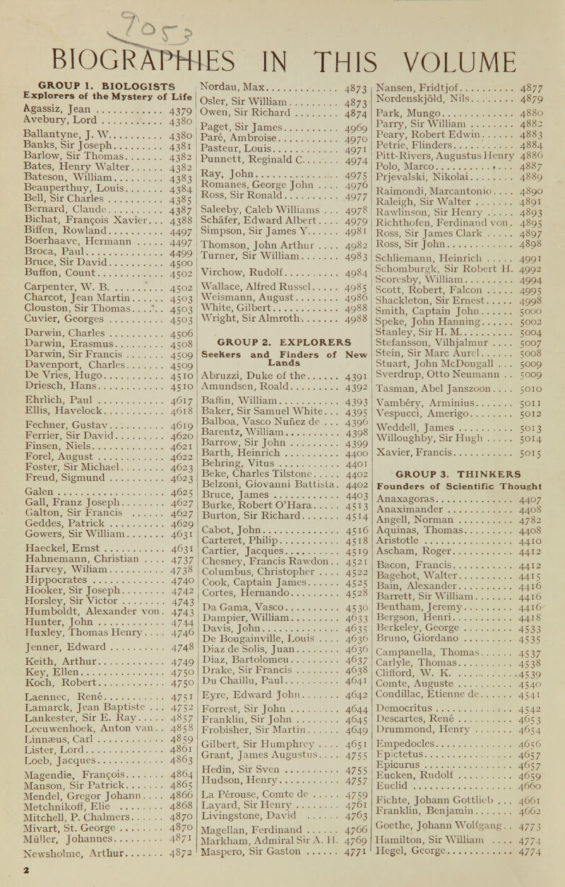 ft BIOGRAPHIES IN THIS VOLUME GROUP 1. BIOLOGISTS Explorers of the Mystery of Life A-gassiz, Jean 4379 Avebury, Lord 4380 Ballantyne, J. W 4380 Banks, Sir Joseph 4381 Barlow, Sir Thomas 4382 Bates, Henry Walter 4382 Bateson, William 4383 Beauperthuy, Louis 4384 Bell, Sir Charles 4385 Bernard, Claude 4387 Bichat, François Xavier... 4388 Biffen, Rowland 4497 Boerhaave, Hermann 4497 Broca, Paul 4499 Bruce, Sir David 4500 Button, Count 4502 Carpenter, W. B 4502 Charcot, Jean Martin 4503 Clouston, Sir Thomas. ...*.. 4503 Cuvier, Georges 4503 Darwin, Charles 4506 Darwin, Erasmus 4508 Darwin, Sir Francis 4509 Davenport, Charles. ...... 4509 De Vries, Hugo 4510 Driesch, Hans 4510 Ehrlich, Paul 4617 Ellis, Havelock 4618 Fechner, Gustav 4619 Ferrier, Sir David 4620 Finsen, Niels 4621 Forel, August 4622 Foster, Sir Michael 4623 Freud, Sigmund 4623 Galen 4625 Gall, Franz Joseph 4627 Galton, Sir Francis 4627 Geddes, Patrick 4629 Gowers, Sir William 4631 Haeckel, Ernst 4631 Hahnemann, Christian .... 4737 Harvey, Wiliam 4738 Hippocrates 4740 Hooker, Sir Joseph 4742 Horsley, Sir Victor 4743 Humboldt, Alexander von. 4743 Hunter, John 4744 Huxley, Thomas Henry.... 4746 Jenner, Edward 4748 Keith, Arthur 4749 Key, Ellen 475° Koch, Robert 4750 Laennec, René 475 1 Lamarck, Jean Baptiste ... 4752 Lankester, Sir E. Ray 4857 Leeuwenhoek, Anton van. . 4858 Linnæus, Carl 4859 Lister, Lord 4861 Loeb, Jacques 4863 Magendie, François 4864 Manson, Sir Patrick 4865 Mendel, Gregor Johann .... 4866 Metchnikoff, Ehe 4868 Mitchell, P. Chalmers 4870 Mivart, St. George 487° Müller, Johannes 487 1 Newsholme, Arthur 4§7 2 Nordau, Max 4873 Osier, Sir William 4873 Owen, Sir Richard 4874 Paget, Sir James 4969 Paré, Ambroise 4970 Pasteur, Louis 497 1 Punnett, Reginald C 4974 Ray, John 4975 Romanes, George John .... 4976 Ross, Sir Ronald 4977 Saleeby, Caleb Williams . . . 4978 Schafer, Edward Albert.... 4979 Simpson, Sir James Y 4981 Thomson, John Arthur .... 4982 Turner, Sir William 4983 Virchow, Rudolf 4984 Wallace, Alfred Russel 4985 Weismann, August 4986 White, Gilbert 4988 Wright, Sir Almroth-. 4988 GROUP 2. EXPLORERS Seekers and Finders of New Lands Abruzzi, Duke of the 4391 Amundsen, Roald 4392 Baffin, William 4393 Baker, Sir Samuel White. . . 4395 Balboa, Vasco Nunez de . . . 4396 Barentz, William 4398 Barrow, Sir John 4399 Barth, Heinrich 4400 Behring, Vitus 4401 Beke, Charles Tilstonc 4402 Belzoni, Giovanni Battista. 4402 Bruce, James 4403 Burke, Robert O’Hara 4513 Burton, Sir Richard 4514 Cabot, John 45i6 Carteret, Philip 4518 Cartier, Jacques 4519 Chesney, Francis Rawdon . . 4521 Columbus, Christopher .... 4522 Cook, Captain James 4525 Cortes, Hernando 4528 Da Gama, Vasco 4530 Dampier, William 4633 Davis, John 4635 De Bougainville, Louis .... 4636 Diaz de Solis, Juan 4636 Diaz, Bartolomeu 4637 Drake, Sir Francis 4638 Du Chaillu, Paul 4641 Eyre, Edward John 4642 Forrest, Sir John 4644 Franklin, Sir John 4645 Frobisher, Sir Martin 4649 Gilbert, Sir Humphrey .... 4651 Grant, James Augustus. . . . 4755 Hedin, Sir Sven 4755 Hudson, Henry 4757 La Perouse, Comte de 4759 Layard, Sir Henry 4761 Livingstone, David 4763 Magellan, Ferdinand 476C Markham, Admiral Sir A. 1 f. 4769 Maspero, Sir Gaston 4771 Nansen, Fridtjof 4877 Nordenskjôld, Nils 4879 Park, Mungo 4880 Parry, Sir William 4882 Peary, Robert Edwin 4883 Petrie, Flinders 4884 Pitt-Rivers, Augustus Henry 4886 Polo, Marco 1 . . . 4887 Prjevalski, Nikolai 4889 Raimondi, Marcantonio.... 4890 Raleigh, Sir Walter 4891 Rawlinson, Sir Henry ..... 4893 Richthofen, Ferdinand von. 4895 Ross, Sir James Clark 4897 Ross, Sir John 4898 Schliemann, Heinrich 4991 Schomburgk, Sir Robert H. 4992 Scoresby, William 4994 Scott, Robert, Falcon ..... 4995 Shackleton, Sir Ernest 4998 Smith, Captain John 5000 Speke, John Hanning 5002 Stanley, Sir H. M 5004 Stefansson, Vilhjalmur .... 5007 Stein, Sir Marc Aurel 5008 Stuart, John McDougall . . . 5009 Sverdrup, Otto Neumann . . 5009 Tasman, Abel Janszoon .... 5010 Vambéry, Arminius. 5011 Vespucci, Amerigo 5012 Weddell, James 5013 Willoughby, Sir Hugh 5014 Xavier, F rancis 5015 GROUP 3. THINKERS Founders of Scientific Thought Anaxagoras 4407 Anaximander 4408 Angell, Norman 4782 Aquinas, Thomas 4408 Aristotle 4410 Ascham, Roger 4412 Bacon, Francis 4412 Bagehot, Walter 4415 Bain, Alexander 4416 Barrett, Sir William 4416 Bentham, Jeremy 4416 Bergson, Henri 4418 Berkeley, George 4533 Bruno, Giordano 4535 Campanella, Thomas 4537 Carlyle, Thomas 4538 Clifford, W. K 4539 Comte, Auguste 454° Condillac, Etienne dc 4541 Democritus : . . 4542 Descartes, René . 465 3 Drummond, Henry 4654 Empedocles 4656 Epictetus 4657 Epicurus 4657 Eucken, Rudolf 4659 Euclid 4660 Fichte, Johann Gottlieb . . . 4661 Franklin, Benjamin 4662 Goethe, Johann Wolfgang. . 4773 Hamilton, Sir William .... 4774 Hegel, George 4774