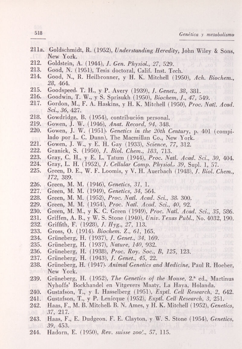 518 Genética y metabolismo 211a. Goldschmidt, R. (1952), Understanding Heredity, John Wiley & Sons, New York. 212. Goldstein, A. (1944), /. Gen. Physiol., 27, 529. 213. Good, N. (1951), Tesis doctoral, Calif. Inst. Tech. 214. Good, N., R. Heilbronner, y H. К. Mitchell (1950), Ach. Biochem., 28, 464. 215. Goodspeed, T. H., y P. Avery (1939), /. Genet., 38, 381. 216. Goodwin, T. W., y S. Sprisukh (1950), Biochem, J., 47, 549. 217. Gordon, M., F. A. Haskins, y H. K. Mitchell (1950), Proc. Nati. Acad. Sci., 36, 427. 218. Gowdridge, В. (1954), contribución personal. 219. Gowen, J. W, (1946), Anat. Record, 94, 348. 220. Gowen, J. W. (1951)> Genetics in the 20th Century, p. 401 (compi¬ lado por L. С. Dunn), The Macmillan Co., New York. 221. Gowen, J. W., у E. H. Gay (1933), Science, 77, 312. 222. Granick, S. (1950), /. Biol. Chem., 183, 713. 223. Gray, С. H., y E, L. Tatum (1944), Proc. Nati. Acmi. Sci., 30, 404. 224. Gray, L. H. (1952), /. Cellidar Сотр. Physiol., 39, Supl. 1, 57. 225. Green, D. E., W. F. Loomis, y V. H. Auerbach (1948), J. Biol. Chem., 172, 389. 226. Green, M. M. (1946), Genetics, 31, 1. 227. Green, M. M. (1949), Genetics, 34, 564. 228. Green, M. M. (1952), Proc. Nati. Acad. Sci., 38> 300. 229. Green, M. M. (1954), Proc. Nati. Acad. Sci., 40, 92. 230. Green, M, M., y К. С. Green (1949), Proc. Natl. Acad. Sci., 35, 586. 231. Griffen, A. В., у W. S. Stone (1940), Univ. Texas Pubi., No. 4032, 190. 232. Griffith, F. (1928), /. Ну g., 27, 113. 233. Gross, О. (1914)> Biochem. Z., 61, 165. 234. Grüneberg, H. (1937), /. Genet., 34, 169. 235. Grüneberg, H. (1937), Nature, 140, 932. 236. Grüneberg, H. (1938), Proc. Roy. Soc., B, 125, 123. 237. Grüneberg, H. (1943), /. Genet., 45, 22. 238. Grüneberg, H. (1947)» Animal Genetics and Medicine, Paul R. Hoeber, New York. 239. Grüneberg, H. (1952), The Genetics of the Mouse, 2.® ed., Martinus Nyhoffs' Bockhandel en Vitgevers Maaty, La Haya, Holanda. 240. Gustafson, T., y L Hasselberg (1951), Exptl. Cell Research, 2, 642. 241. Gustafson, T., y P. Lenicque (1952), Exptl. Cell Research, 3, 251. 242. Haas, F., M. В. Mitchell В. N. Ames, у H. К. Mitchell ( 1952), Genetics, 37, 217. 243. Haas, F., E. Dudgeon, F. E. Clayton, у W. S. Stone (1954), Genetics, 39, 453. 244. Hadorn, E. (1950), Rev. suisse zoo!., 57, 115.