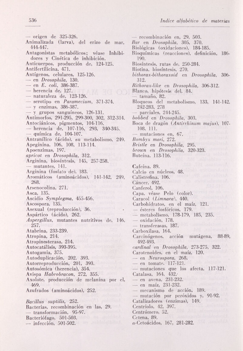 536 ìndice alfabético de materias —■ origen de 325-326. Animalizada (larva), del erizo de mar, 444-447. Antagonistas metabólicos; véase Inhibi¬ dores y Cinética de inhibición. Anticuerpos, producción de, 124-125. Antifertilicina, 471. Antígenos, celulares, 125-126. —• en Drosophila, 130. —- en E. coli, 386-387. — herencia de, 127. — naturaleza de, 123-126. —• serotipo en Paramecium, 371-374. —• y enzimas, 386-387. — y grupos sanguíneos, 126-131. Antimorfos, 291-295, 299-300, 302, 312-314. Antociánicos, pigmentos, 104-116. — herencia de, 107-116, 293, 340-345. — química de, 104-107. Antranílico (ácido), su metabolismo, 249. Apeginina, 106, 108, 113-114. Apo'enzimas, 197. apricot en Drosophila, 312. Arginina, biosíntesis, 145, 257-258. — mutantes, 141. Arginina (fosfato de), 183. Aromáticos (aminoácidos), 141-142, 249, 268. Arsenocolina, 271. Asea, 135. Ascidio Symplegma, 455-456. Ascospora, 135. Asexual (reproducción), 36. Aspártico (ácido), 262. Aspergillus, mutantes nutritivos de, 146, 257. Atabrina, 233-239. Atropina, 214. Atropineeterasa, 214. Autocatálisis, 393-395. Autogamia, 375. A utoduplicación, 202, 393. Autorreproducción, 201, 393. Autosómica (herencia), 354. Avispa Habrobracon, 272, 355. Axolote, producción de melanina por el, 469. Azufrados (aminoácidos), 252. Bacillus suptilis, 252. Bacterias, recombinación en las, 29. — transformación, 95-97. Bacteriófago, 501-503. — infección, 501-502. — recombinación en, 29, 503. Bar en Drosophila, 305, 370. Biológicas (oxidaciones), 184-185. Bioquímicas (reacciones), definición, 186- 190. Biosíntesis, rutas de, 250-284. Bio'tina, biosíntesis, 270. bithorax-bithoraxoid en Drosophila, 306- 312. Bithorax-like en Drosophila, 306-312. Blanco, hipótesis del, 84. — tamaño, 82. Bloqueos del metabolismo, 133, 141-142, 242-283, 278 — parciales, 244-245. bobbed en Drosophila, 303. Boca de dragón {Antirrhinum majus), 107- 108, 111. — mutaciones en, 67. Bombyx mori, 272. Bristle en Drosophila, 295. brown en Drosophila, 320-323. Buteina, 113-116. Cafeína, 89. Calcio en núcleos, 48. Calistrefina, 106. Cáncer, 492. Canferol, 106. Capa, véase Pelo (color). Caracol (Limnaea), 440. Carbohidratos, en el maíz, 121. — ésteres fosfóricos, 179. — metabolismo, 178-179, 185, 235. — oxidación, 178. — transferasas, 187. Carboxilasa, 164. Carcinógenos, acción mutágena, 88-89, 492-493. cardenal en Drosophila, 273-275, 322. Carotenoides, en el maíz, 120. — en Neurospora, 268. — en tomate. 117-121. — mutaciones que los afecta, 117-121. Catalasa, 164, 432.' — en avena, 231-232. — en maíz, 231-232. — mecanismo de acción. 189. — mutación por peróxidos y, 91-92. Catalizadores (enzimas), 149. Centriolo, 42, 397. Centròmero, 52. Ce t ena, 89. a-Cetoácidos, 167, 281-282.