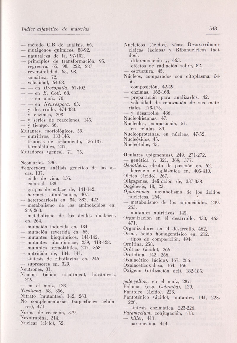 Indice alfabètico de materias 543 — método GIB de análisis, 66. — mutágenos químicos, 88-92. — naturaleza de la, 97-102. —■ principios de transformación, 95. — regresiva, 65, 98, 222, 287. —• reversibilidad, 65, 98. — somática, 72. — velocidad, 64-68. en Dro'sophüa, 67-102. en E. Coli, 68. en maíz, 70. en Neurospora, 65. — y desarrollo, 474-483. — y enzimas, 208. — y series de reacciones, 145. — y tiempo, 66. Mutantes, morfológicos, 59. — nutritivos, 133-145. — técnicas de aislamiento, 136-137. — termolábiles, 247. Mutadores (genes), 71, 75. Neomorfos, 296. Neurospora, análisis genético de las as- cas, 137. — ciclo de vida, 135. — colonial, 138. —• grupos de enlace de, 141-142. — herencia citoplásmica, 407. — heterocarioeis en, 34, 382, 422. — metabolismo de los aminoácidos en, 249-263. — metabolismo de los ácidos nucleicos en, 264. — mutación inducida en, 134. — mutación revertida en, 65. — mutantes bioquímicos, 141-142. — mutantes citocrómicos, 239, 418-428. — mutantes termolábiles, 247, 368. — nutrición de, 134, 141. — síntesis de riboflavina en, 246. — supreeores en, 329. Neutrones, 81. Niacina (ácido nicotinico), bioisíntesis, 249. — en el maíz, 123. Nicotiana, 58, 356. Nitrato (mutantes\ 142, 263. No complementarias (superficies celula¬ res), 471. Norma de reacción, 379. Novatropina, 214. Nuclear (ciclo), 52. Nucleicos (ácidos), véase Desoxirribonu- cleicos (ácidos) y Ribonucleicos (áci dos). — diferenciación y, 465. — efectos de radiación sobre, 82. — estructura, 45. Núcleos, comparados con citoplasma, 54- 56. —■ composición, 42-49. — enzimas, 162-168. — preparación para analizarlos, 42. — velocidad de renovación de sus mate¬ riales, 173-175. — y desarrollo, 436. Nucleoihistonas, 47. Nucléolos, composición, 51. — en células, 39. Nucleoproteínas, en núcleos, 47-52. Nucleósidos, 45. Nucleótidos, 45. Oculares (pigmentos), 249, 271-272. — genética y, 321, 369, 377. Oenothera, efecto de posición en, 62. — herencia citoplásmica en, 405-410. Oleico (ácido), 267. Oligogenes, definición de, 337-338. Oogénesis, 18, 23. Ophiostoma, metabolismo de los ácidos nucleicos, 264. ^ — metabolismo de los aminoácidos., 249- 263. — mutantes nutritivos, 145. Organización en el desarrollo, 430, 465- 471. Organizadores en el desarrollo, 462. Orina, ácido homogentísico en, 212. —- tipos de compotición, 494. Ornitina, 258. Orótico (ácido), 266. Orotidina, 142, 266. Oxalacético (ácido), 167, 266. Oxalaceticoxidasa, 164, 166. Oxígeno (utilización del), 182-185. pate-yellow, en el maíz, 287. Palotmas (esp. Columba), 129. Pantoico (ácido), 223. Pantoténico (ácido), mutantes, 141, 223- 226. — síntesis enzimàtica, 223-226. Paramecium, conjugación, 413. — killer, 411. — paramecin a, 414.