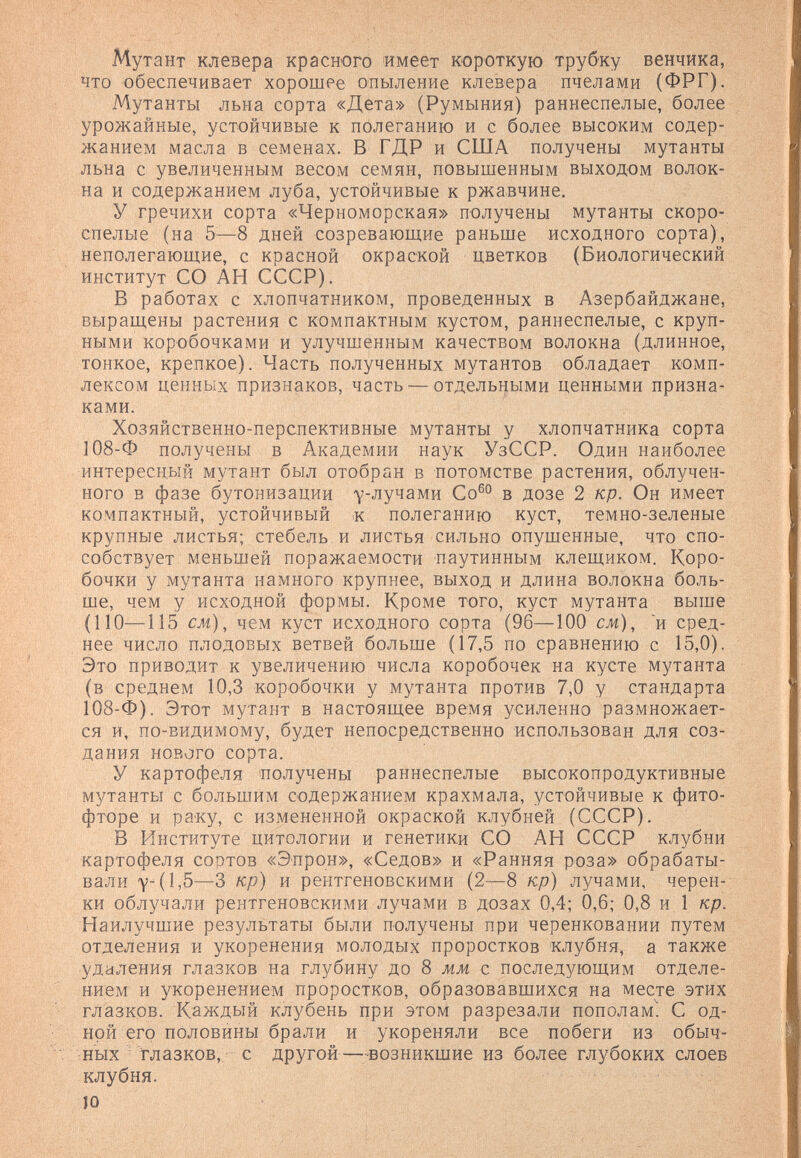 Мутант клевера красного имеет короткую трубку венчика, что обеспечивает хорошее опыление клевера пчелами (ФРГ). Мутанты льна сорта «Дета» (Румыния) раннеспелые, более урожайные, устойчивые к полеганию и с более высоким содер¬ жанием масла в семенах. В ГДР и США получены мутанты льна с увеличенным весом семян, повышенным выходом волок¬ на и содержанием луба, устойчивые к ржавчине. У гречихи сорта «Черноморская» получены мутанты скоро¬ спелые (на 5—8 дней созревающие раньше исходного сорта), неполегающие, с красной окраской цветков (Биологический институт СО АН СССР). В работах с хлопчатником, проведенных в Азербайджане, выращены растения с компактным кустом, раннеспелые, с круп¬ ными коробочками и улучшенным качеством волокна (длинное, тонкое, крепкое). Часть полученных мутантов обладает комп¬ лексом ценных признаков, часть— отдельными ценными призна¬ ками. Хозяйственно-перспективные мутанты у хлопчатника сорта 108-Ф получены в Академии наук УзССР. Один наиболее интересный мутант был отобран в потомстве растения, облучен¬ ного в фазе бутонизации у'Лучами Со®° в дозе 2 кр. Он имеет компактный, устойчивый к полеганию куст, темно-зеленые крупные листья; стебель и листья сильно опушенные, что спо¬ собствует меньшей поражаемости паутинным клещиком. Коро¬ бочки у мутанта намного крупнее, выход и длина волокна боль¬ ше, чем у исходной формы. Кроме того, куст мутанта выше (110—115 см), чем куст исходного сорта (96—100 см), и сред¬ нее число плодовых ветвей больше (17,5 по сравнению с 15,0). Это приводит к увеличению числа коробочек на кусте мутанта (в среднем 10,3 коробочки у мутанта против 7,0 у стандарта 108-Ф). Этот мутант в настоящее время усиленно размножает¬ ся и, по-видимому, будет непосредственно использован для соз¬ дания нового сорта. У картофеля 'получены раннеспелые высокопродуктивные мутанты с большим содержанием крахмала, устойчивые к фито¬ фторе и раку, с измененной окраской клубней (СССР). В Институте цитологии и генетики СО АН СССР клубни картофеля сортов «Эпрон», «Седов» и «Ранняя роза» обрабаты¬ вали Y (1,5—3 кр) и рентгеновскими (2—8 кр) лучами, черен¬ ки облучали рентгеновскими лучами в дозах 0,4; 0,6; 0,8 и 1 кр. Наилучшие результаты были получены при черенковании путем отделения и укоренения молодых проростков клубня, а также удаления глазков на глубину до 8 мм с последующим отделе¬ нием и укоренением проростков, образовавшихся на месте этих глазков. Каждый клубень при этом разрезали пополам'. С од¬ ной его половины брали и укореняли все побеги из обыч¬ ных глазков,; с другой—^^-Бозникшие из более глубоких слоев клубня. JO