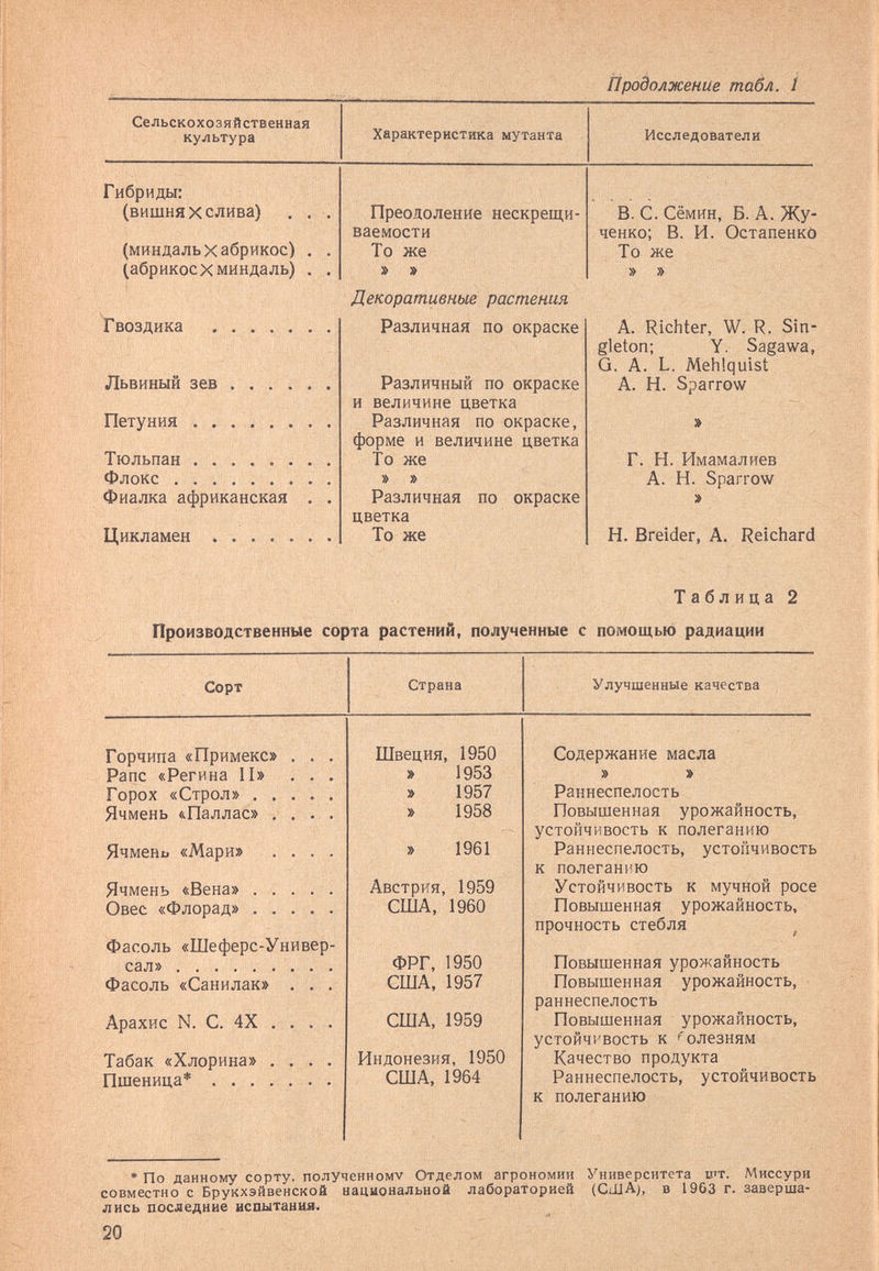 Продолжение табл. i Гибриды: (вишнях слива) (миндаль X абрикос) (абрикос X миндаль) Гвоздика  Львиный зев . . . . Петуния . ... . . Тюльпан ...... Флокс Фиалка африканская Цикламен . . , . . Преодоление нескрещи¬ ваемости То же » » Декоративные растения Различная по окраске Различный по окраске и величине цветка Различная по окраске, форме и величине цветка То же » » Различная по окраске цветка То же В. С. Сёмин, Б. А. Жу- ченко; В. И. Остапенко То же А. Richter, W. R. Sin¬ gleton; Y. Sagawa, G. A. L. Mehlquist A. H. Sparrow Г. H. Имамалиев A. H. Sparrow » H. Breider, A. Reichard Таблица 2 Производственные сорта растений, полученные с помощью радиации * По данному сорту, полученному Отделом агрономии Университета шт. Миссури совместно с Брукхэйвенской национальной лабораторией (США), в 1963 г. заверша¬ лись последние испытания. 20