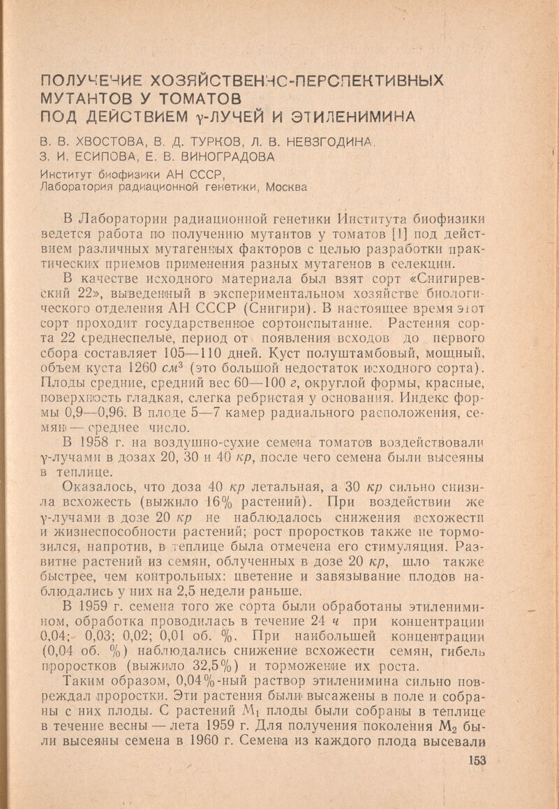 получение хозяйственно-перспективных мутантов у томатов под действием Y-лучей и этиленимина в. в. ХВОСТОВА, В, д. ТУРКОВ, л. в. НЕВЗГОДИНА, 3. И. ЕСИПОВА, Е. В. ВИНОГРАДОВА Институт биофизики АН СССР, Лаборатория радиационной генетики, Москва В Лаборатории радиационной генетики Йнститута биофизики ведется работа по получению мутантов у томатов [I] под дейст¬ вием различных мутагенных факторов с целью разработки прак¬ тических приемов применения разных мутагенов в селекции. В качестве исходного материала был взят сорт «Снигирев- ский 22», выведенный в экспериментальном хозяйстве биологи¬ ческого отделения АН СССР (Снигири). В настоящее время эют сорт проходит государственное сортоиспытание. Растения сор¬ та 22 среднеспелые, период от появления всходов до первого сбора составляет 105—110 дней. Куст полуштамбовый, мощный, объем куста 1260 см^ (это большой недостаток исходного сорта). Плоды средние, средний вес 60—100 г, округлой формы, красные, поверхность гладкая, слегка ребристая у основания. Индекс фор¬ мы 0,9—0,96. В плоде 5—7 камер радиального расположения, се¬ мян— среднее число. В 1958 г. на воздушно-сухие семена томатов воздействовали Yлучами в дозах 20, 30 и 40 кр, после чего семена были вьгсеяны в теплице. Оказалось, что доза 40 кр летальная, а 30 кр сильно снизи¬ ла всхожесть (выжило 16% растений). При воздействии л<е Y-лучами в дозе 20 кр не наблюдалось снижения есхожестп и жизнеспособности растений; рост проростков такл^е не тормо¬ зился, напротив, в теплице была отмечена его стимуляция. Раз¬ витие растений из семян, облученных в дозе 20 кр, шло также быстрее, чем контрольных: цветение и завязывание плодов на¬ блюдались у них на 2,5 недели раньше. В 1959 г. семена того же сорта были обработаны этиленими- ном, обработка проводилась в течение 24 ч при концентрации 0,04; 0,03; 0,02; 0,01 об. %. При наибольшей концентрации (0,04 об. %) наблюдались снижение всхожести семян, гибель проростков (выжило 32,5%) и торможение их роста. Таким образом, 0,04%-ный раствор этиленимина сильно пов¬ реждал проростки. Эти растения был» высажены в поле и собра¬ ны с них плоды. С растений Mi плоды были собраны в теплице в течение весны — лета 1959 г. Для получения поколения Мг бы¬ ли высеяиы семена в 1960 г. Семена из каждого плода высевали 153