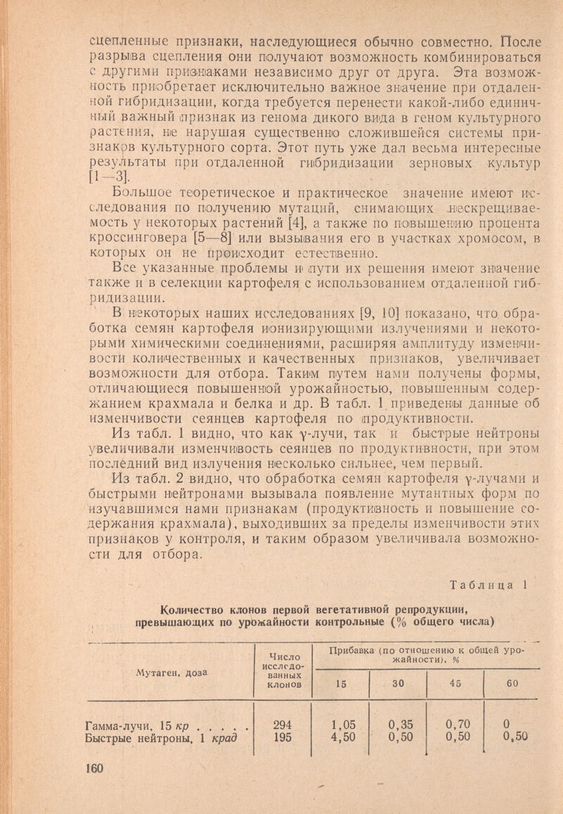 сцепленные признаки, наследующиеся обычно совместно. После разрыва сцепления они получают возможность комбинироваться с другими П'ршиаками независимо друг от друга. Эта возмож¬ ность приобретает исключительно важное значение при отдален¬ ной гибридизации, когда требуется перенести какой-либо единич¬ ный важный признак из генома дикого вида в геном культурного растения, ие нарушая существенно сложившейся системы при¬ знаков культурного сорта. Этот путь уже дал весьма интересные результаты при отдаленной гибридизации зерновых культур [1-3]. Большое теоретическое и практическое значение имеют ис¬ следования по получению мутаций, снимающих .нескрещивае¬ мость у некоторых растений [4], а также по повышению процента кроссинговера [5—8] или вызывания его в участках хромосом, в которых он не происходит естественно. Все указанные проблемы и лути их решения имеют значение также и в селекции картофеля с использованием отдаленной гиб¬ ридизации. В некоторых наших исследованиях [9, 10] показано, что обра¬ ботка семян картофеля ионизирующими излучениями и некото¬ рыми химическими соединениями, расширяя амллитуду изменчи¬ вости количественных и качественных признаков, увеличивает возможности для отбора. Таким путем нами получены формы, отличающиеся повышенной урожайностью, повышенным содер¬ жанием крахмала и белка и др. В табл. 1 приведены данные об изменчивости сеянцев картофеля по продуктивности. Из табл. 1 видно, что как улучи, так и быстрые нейтроны увеличивали изменчивость сеянцев по продуктивности, при этом последний вид излучения несколько сильнее, чем первый. Из табл. 2 видно, что обработка семян картофеля у-лучами и быстрыми нейтронами вызывала появление мутантных форм по изучавшимся нами признакам (продуктивность и повышение со¬ держания крахмала), выходивших за пределы изменчивости этих признаков у контроля, и таким образом увеличивала возможно¬ сти для отбора. Таблица 1 Количество клонов первой вегетативной репродукции, превышающих по урожайности контрольные (% общего числа) 160